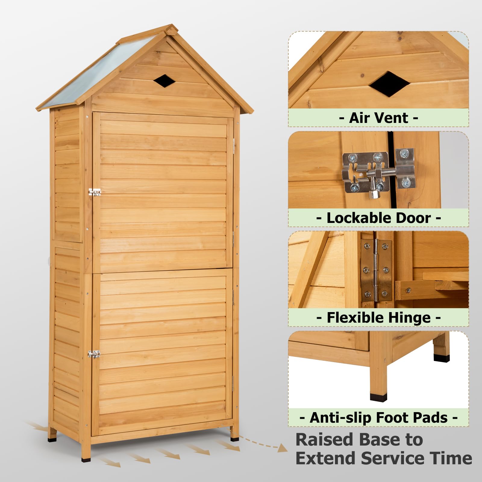 HOMASIS Casetta da Giardino in Legno, Casetta Porta Attrezzi Impermeabile con 5 Ripiani, Capanno da Giardino con Tetto Zincato e Serratura, Armadio da Esterno, Balcone (80 x 45 x 177 cm)
