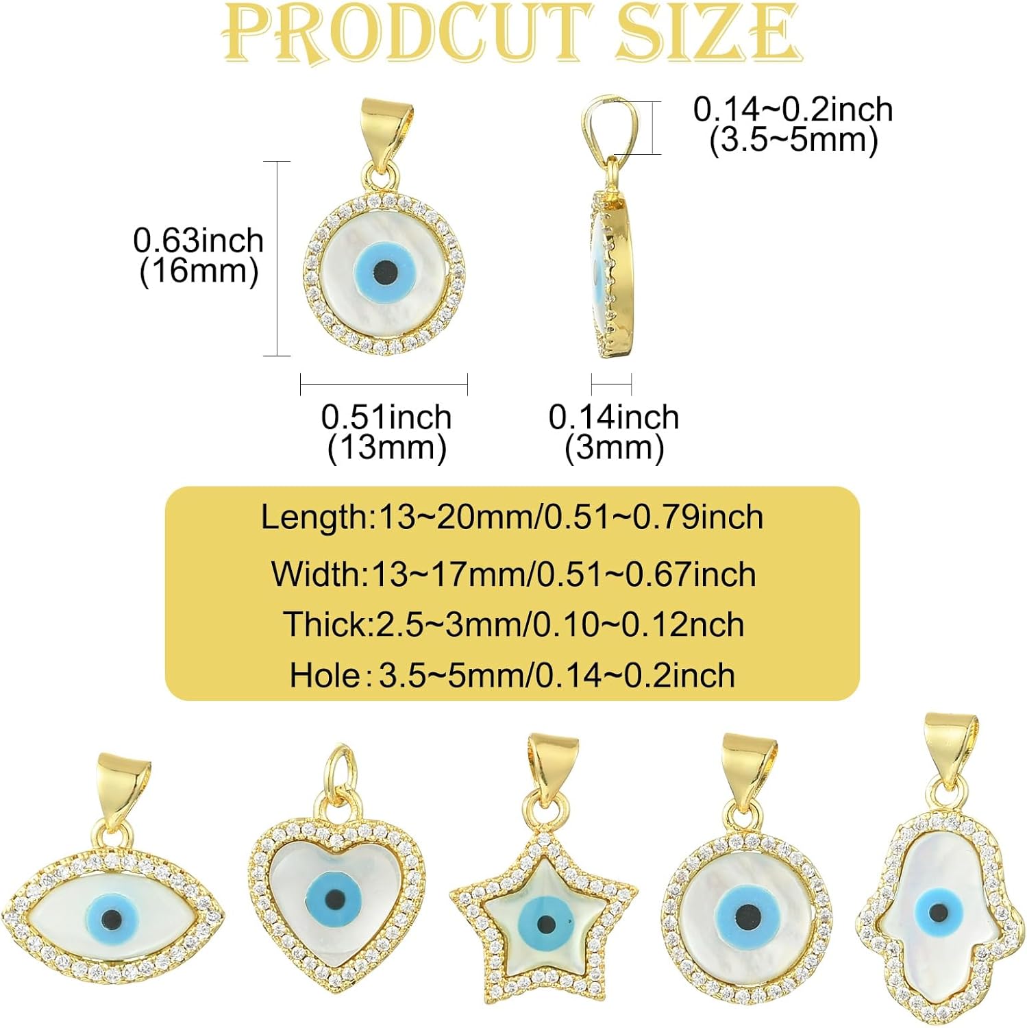KitBeads 5個 金メッキ イーブルアイ チャーム シェル キュービックジルコニア ハンドスター ハートアイ型チャーム ブレス