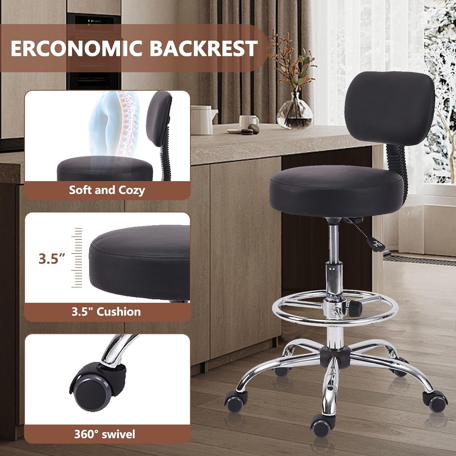 KLASIKA Drafting Stool Chair with Ergonomic Backrest & Footrest, Padded Leather Seat Adjustable Height 360° Swivel Rolling Stools, Tall Office Chair for Standing Desk, Spa, Counter, Medical, Black