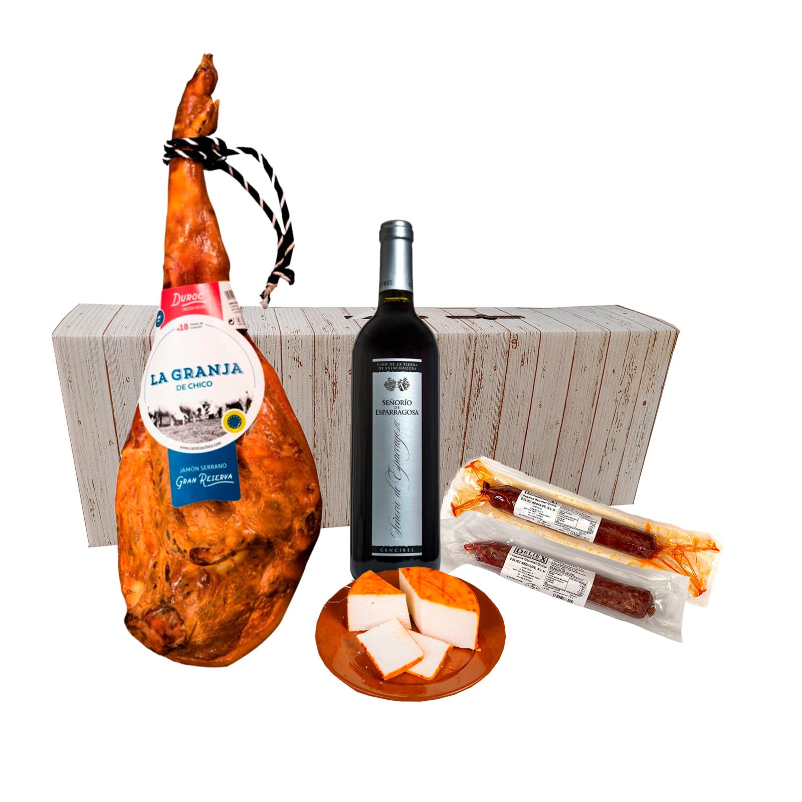Cesta de Navidad con Jamón duroc gran reserva, Vino, Queso de cabra y productos Ibéricos. Lote de productos ibéricos completo para regalar o para auto consumo.