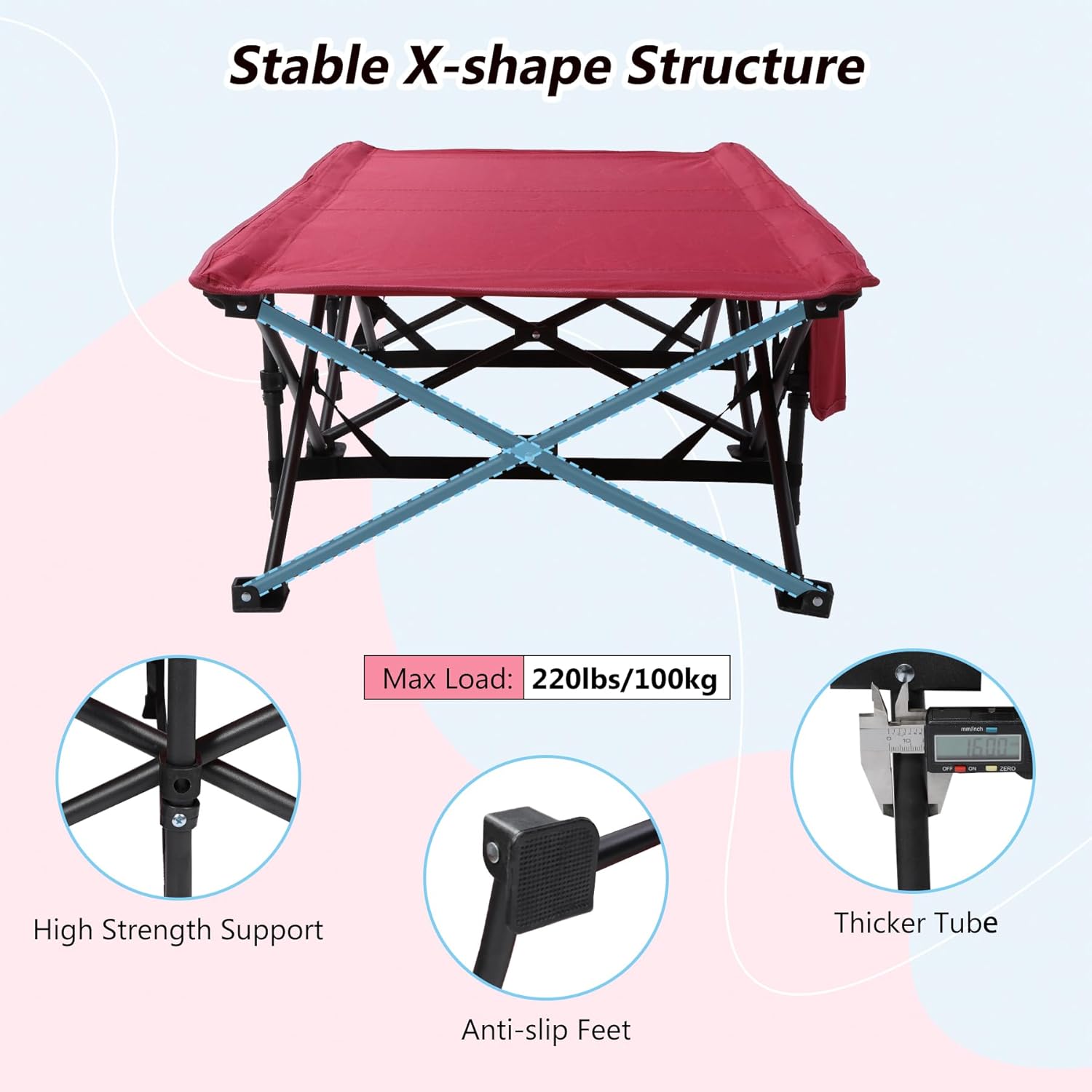 REDCAMP Extra Long Kids Cot for Sleeping 2-7 Years, Portable Travel Toddler Cot Bed with Carry Bag, Lightweight for Outdoor Indoor Home, Wine Red 53''x26''