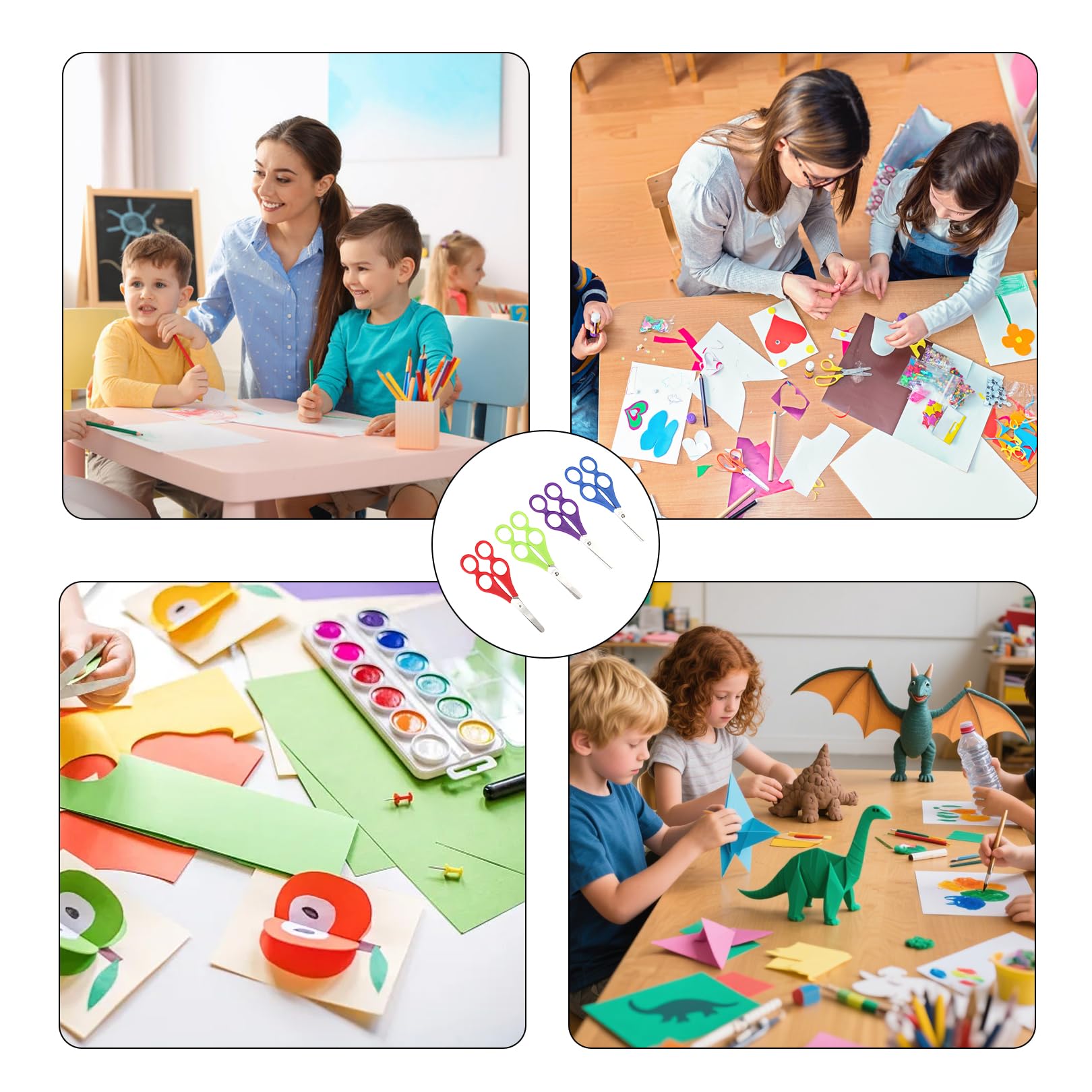 4 Stück Lernschere für Kinder,Helferschere mit 4 Ringen und Doppelgriff,Sicherheitsschere aus Kunststoff für Kleinkind,Bastelschere für Kindergarten und Schule,Kinderschere für erste Schneideübungen