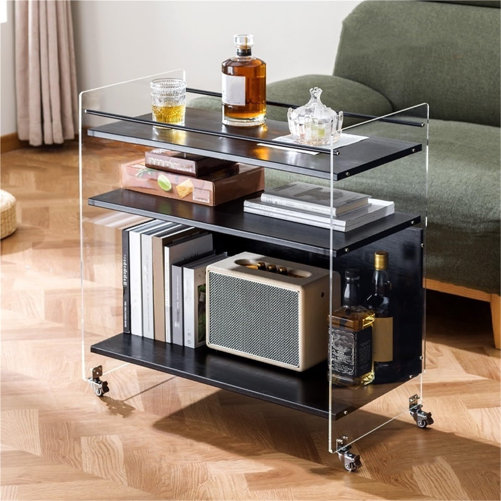 SXZenSpace 3 Tiers Side Table with Wheels Acrylic End Storage Shelf Small Coffee Nightstand Rack for Living Room Office,Ideal