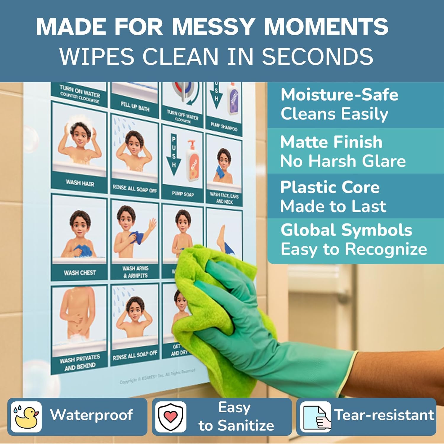 KIARES Shower Chart for Kids- Sticker Poster Steam-Safe, Step-by-Step Visual Schedule in 16 ethnicities (Biracial Boy)