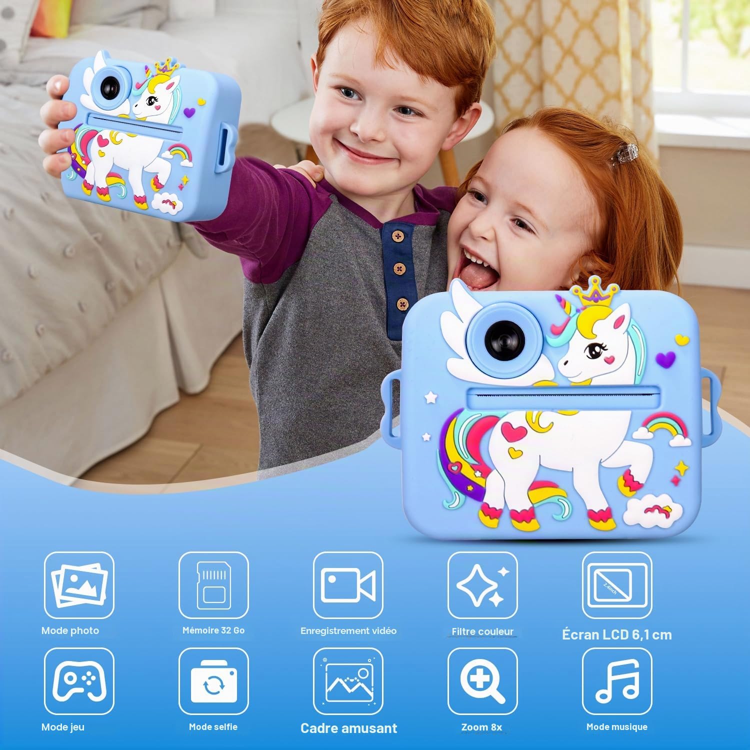 Appareil Photo Instantané Enfants, 2,4" Écran 1080P HD Vidéo Selfie Caméra Enfant, 48MP, 32GB Carte & Papier d'impression, Appareil Photo Numérique pour 3-14 Ans Filles Garçons de Noël Anniversaire