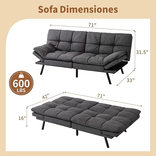 Miniatura 10 de Opoiar Sofá cama de espuma viscoelástica convertible moderno con reposabrazos ajustables y patas de metal, juegos de futones multifuncionales, sofá