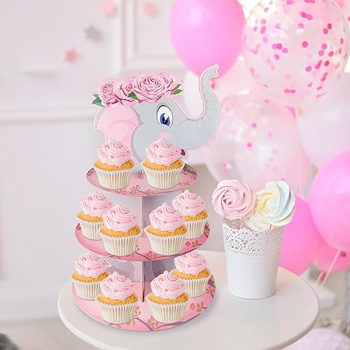 Miniatura 4 de Soporte para cupcakes de elefante rosa de 3 niveles, decoración de mesa de fiesta de cumpleaños de elefante rosa, soporte para cupcakes de postre,