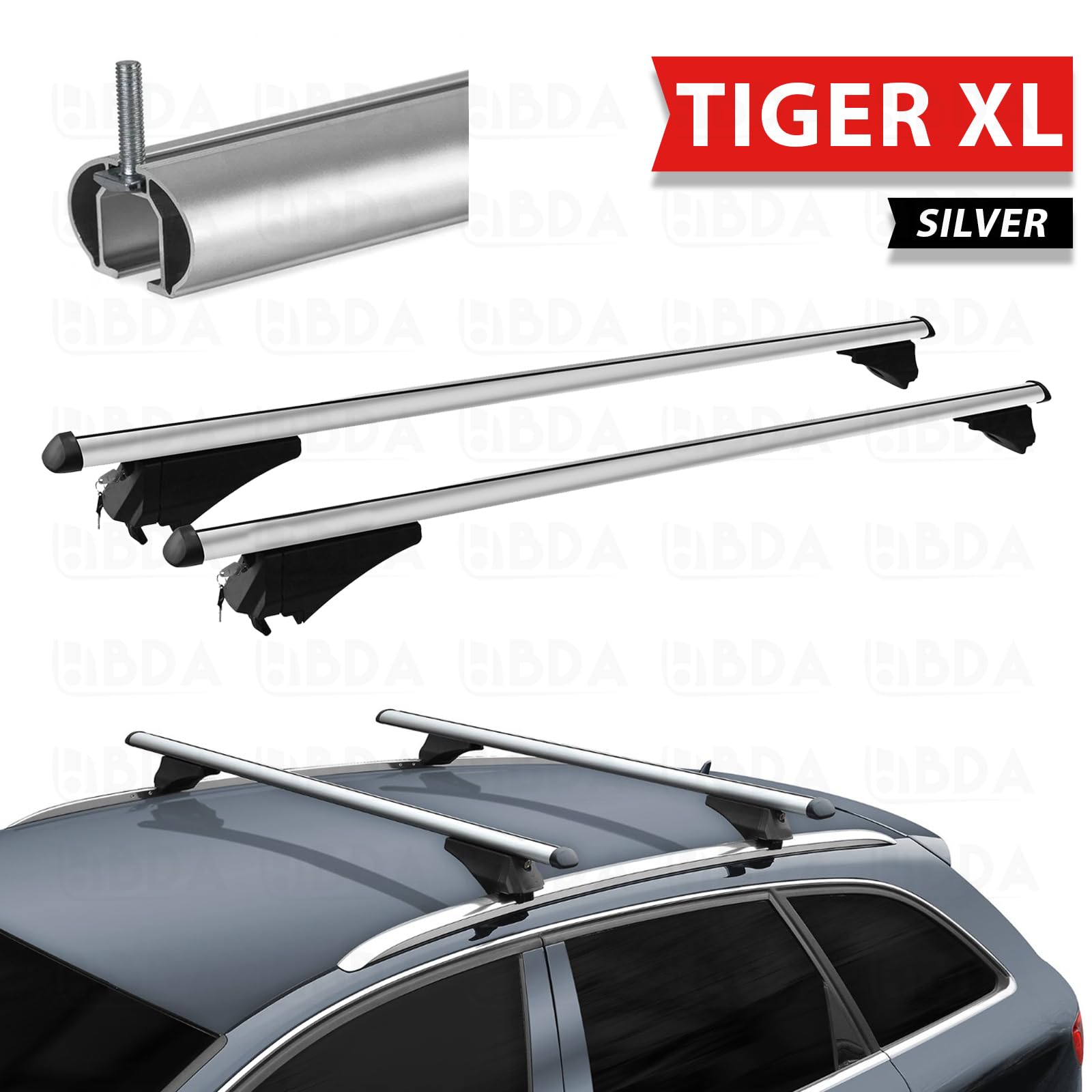 Barre da tetto per veicoli con rails integrati Modello TIGER in alluminio Silver alta qualità Menabo 000084900000/000085000000 (TIGER XL (130cm))