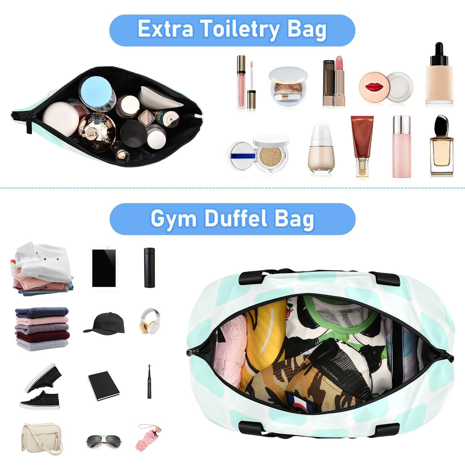 Reisetasche mit Nassfach, verstellbarer Riemen, für Reisen, 2-teiliges Set, für Damen und Herren, Mintgrün