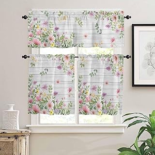 3 Pieces Kitchen Curtains Valance and Tiers Set - 24 Inch Length,Spring Flower Leaf Pastoral Theme Rod Pocket Drapes Short Window Treatment for Cafe Bathroom Bedroom,Rustic Retro Wood Board