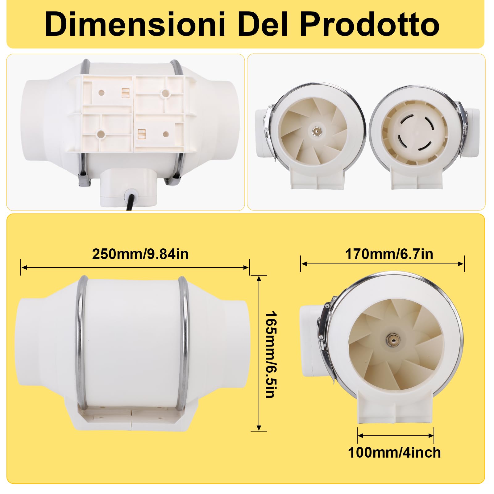 100mm/4in Ventola Aspirazione Bagno, 280 CFM 2200 RPM Professionale Aspiratore Da Bagno, Estrattore Aria In Iinea, Ventola Di Scarico Per Bagno, Tende Di Crescita, Coltura Idroponica