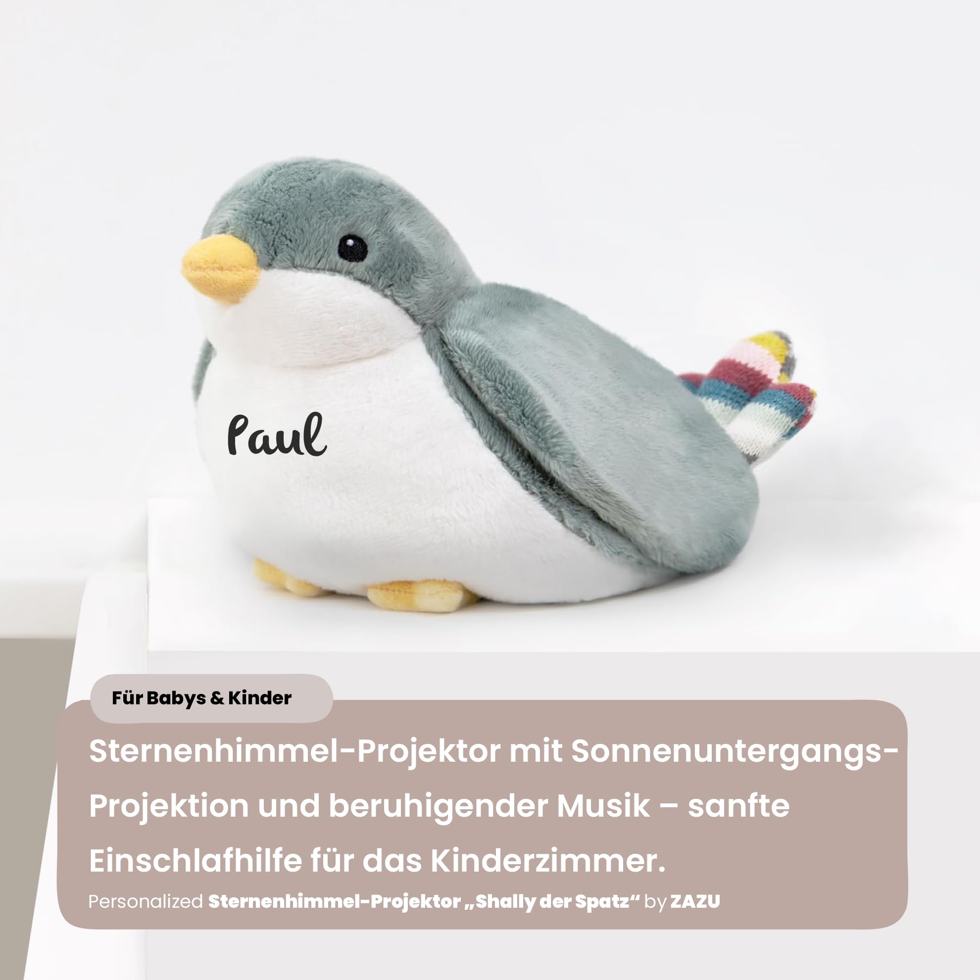 Personalisierbarer Sternenhimmel Projektor Shally der Spatz – mit Sonnenuntergangs-Projektion & beruhigender Musik – Personalisierte Geschenke Baby – Nachtlicht Kinder – ZAZU