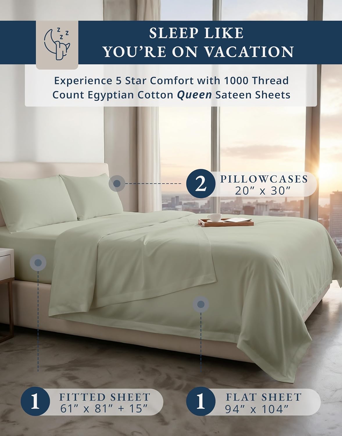 100% Egyptian Cotton Queen Bed Sheet Set – 1000 Thread Count 4 Piece Queen Sheets Set, Breathable & Fade Resistant, Silky Sateen Weave, Ultra-Soft Hotel Luxury Bedding with 15" Deep Pocket - Mineral - Image 2