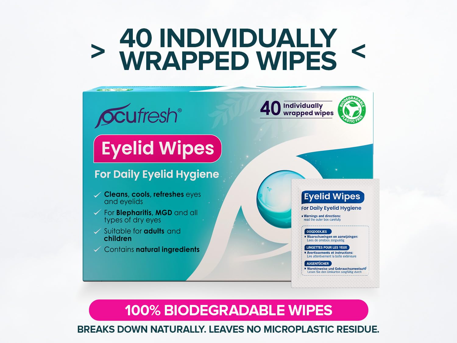 Toallitas para párpados de blefaritis, paquete de 20 unidades envueltas individualmente, removedor de maquillaje natural y alivio para ojos cansados
