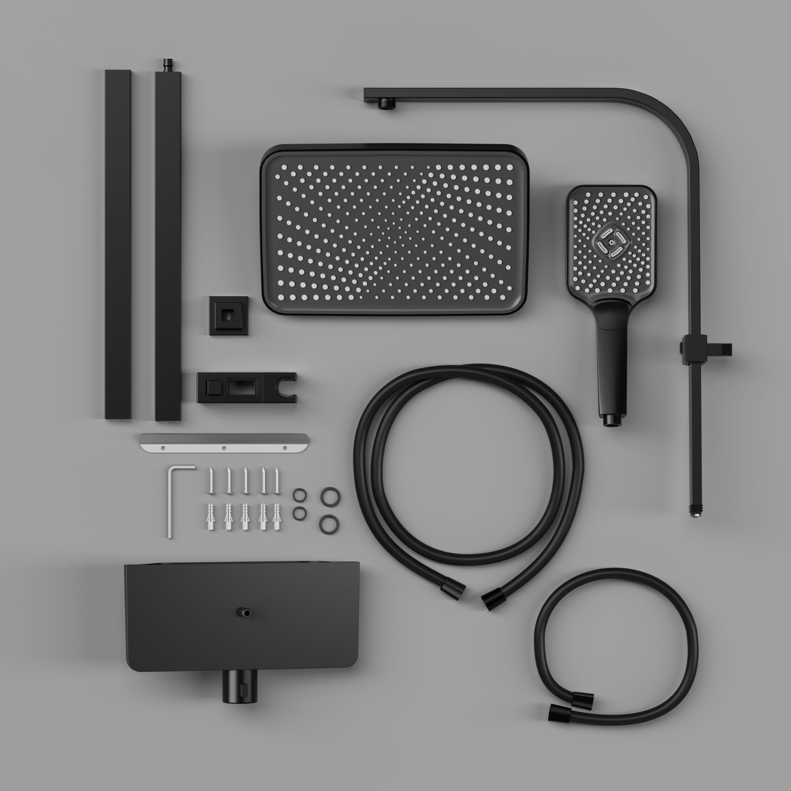 mecanismo de ducha lluvia en acero inoxidable sin grifería – Repisa incluida – Columna ajustable – Cabezal amplio rectangular 30x20 cm –Negro – Tubo cuadrado