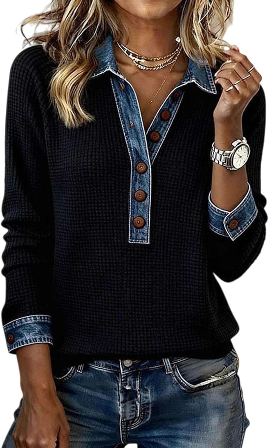 Denim Collar Sweater for Women, Long Sleeve Knit Pullover with Jean Collar and Cuffs, Casual Vintage Collared Top