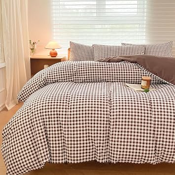 NSNLGSGC Mocha Gingham Duvet Cover Set Queen, Dark Tan Grid Simple Geometric Square Pattern Comforter Cover,Soft Plaid Washed Microfiber Bedding Cover3PCS,Queen