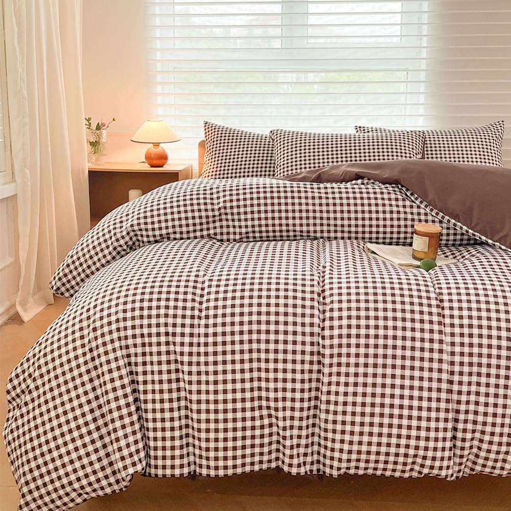 Nsnlgsgc Mocha Gingham Duvet Cover Set Queen, Dark Tan Grid Simple Geometric Square Pattern Comforter Cover,Soft Plaid Washed Microfiber Bedding Cover(3Pcs,Queen)