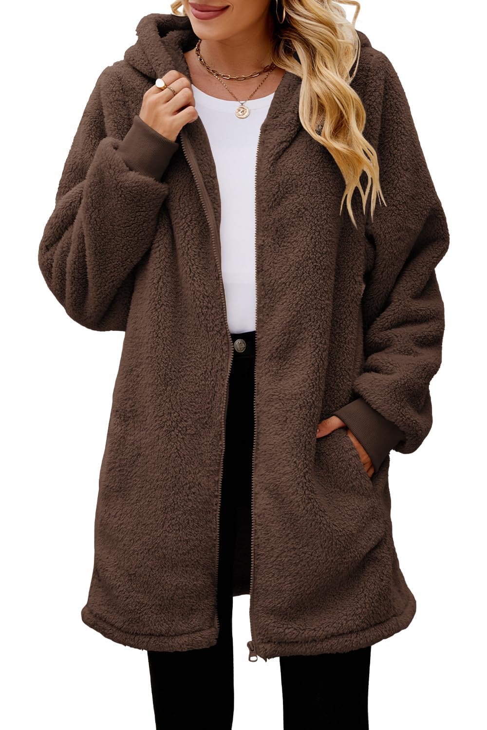 ReachMe Women's Oversized Sherpa Jacket Zip Up Fleece Hoodie