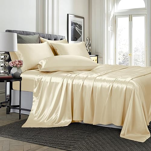 Miniatura 2 de TREELY Juego de sábanas de satén de 6 piezas de tamaño Queen con bolsillo profundo, sábana bajera de satén, sábana encimera, 4 fundas de almohada de