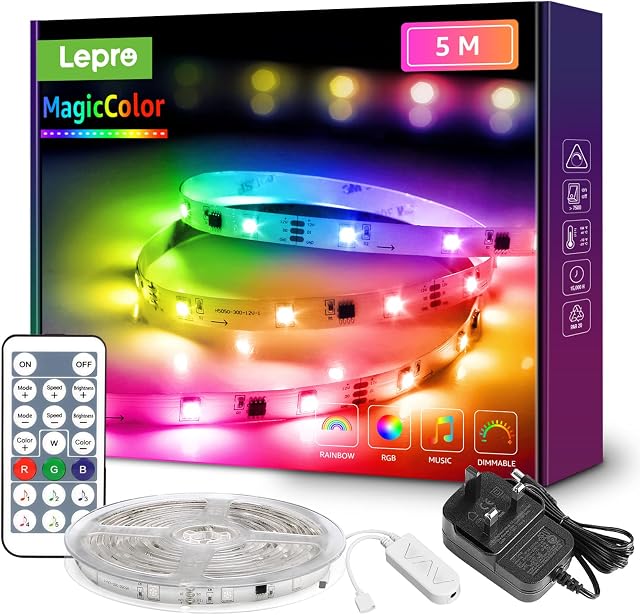 Lepro MagicColor LED Strip Light 5M Chasing Effect, Music Sync Rainbow Light, Addressable RGB LED Strip with IC Chips, Remote Control Multicolour LED Lights for Bedroom, Bar, Kids Room, Gaming Time