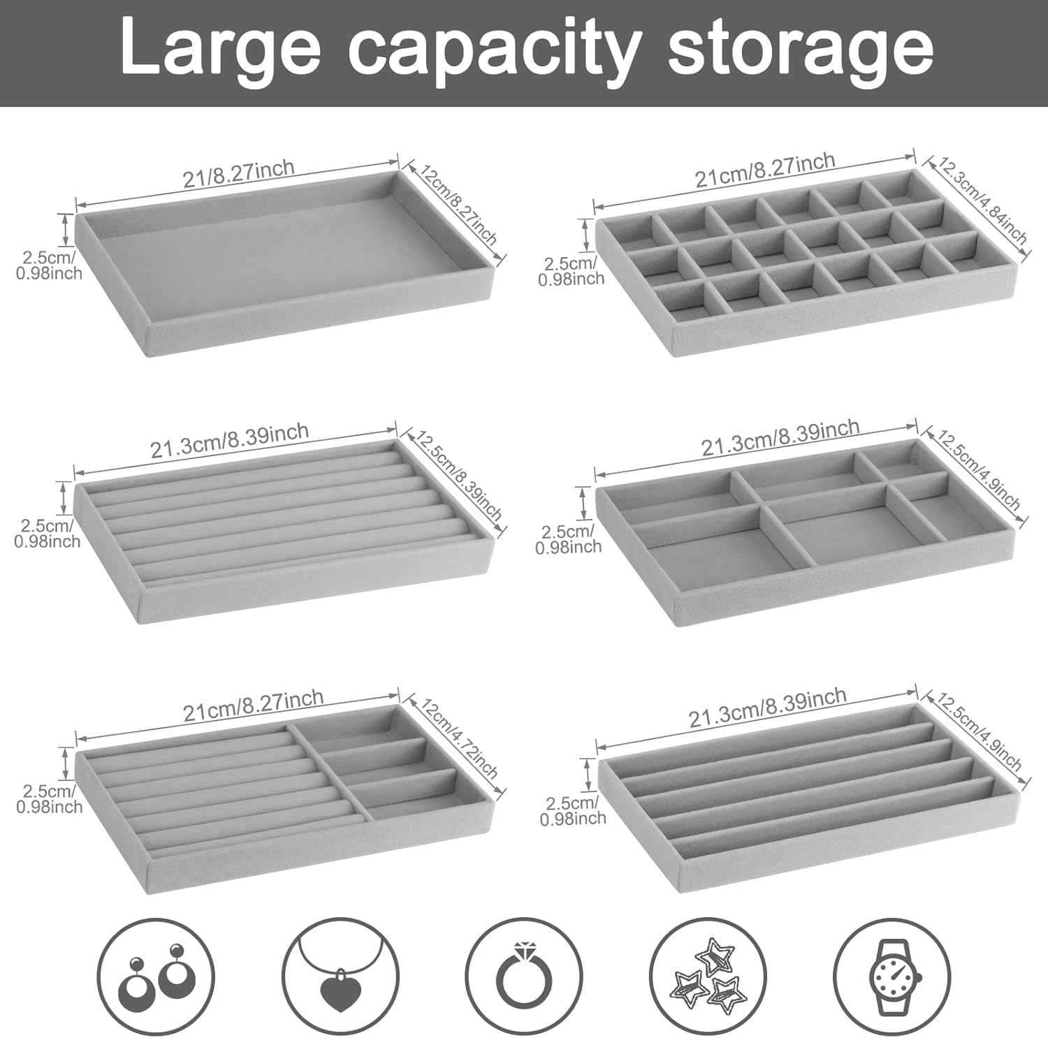 12Pcs Velvet Stackable Jewelry Trays, Jewelry Drawer Organizer, Large Removable Display Jewelry Tray, Necklace Bracelet Storage Box for Earring, Ring, Brooch, Watch (Grey)