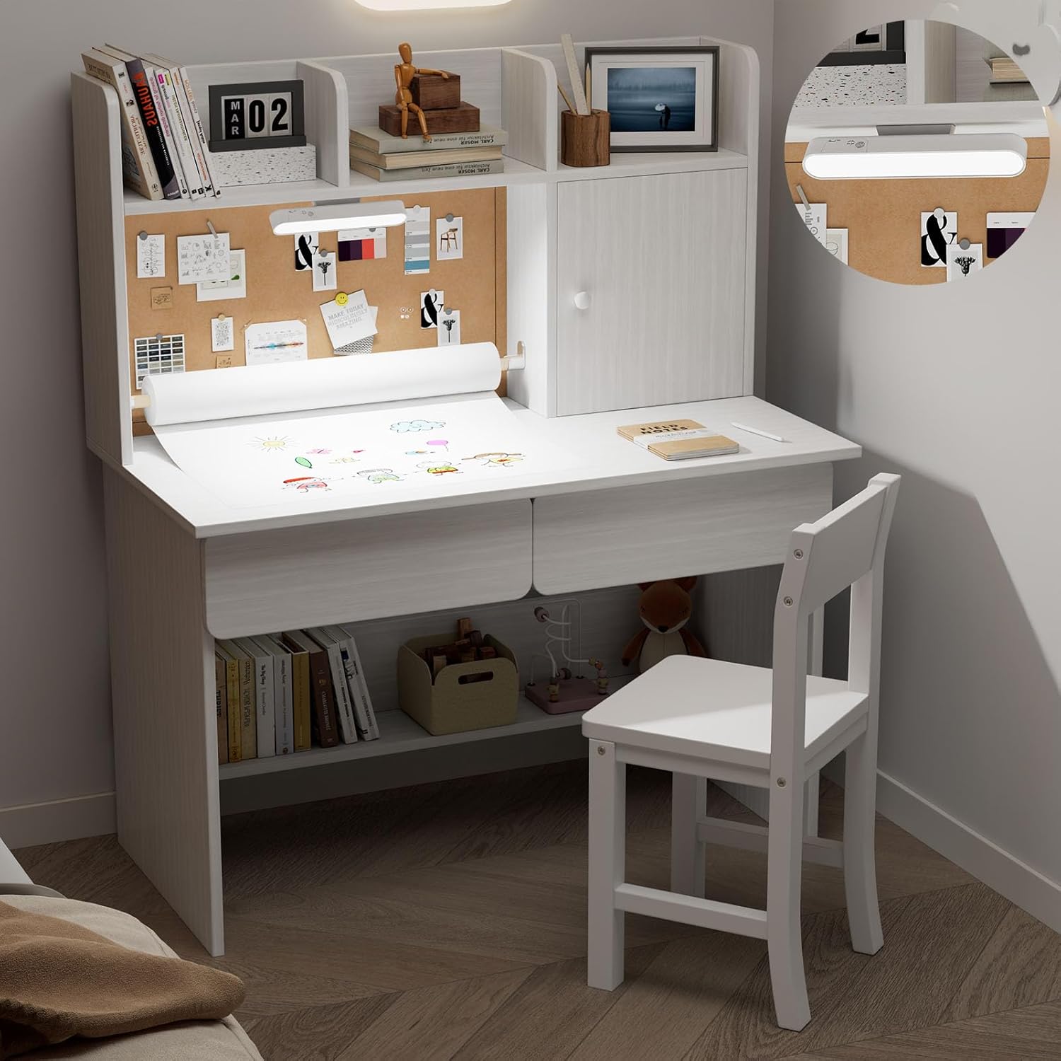 Wooden Pure White Kids Study Desk and Chair Set with Light, Paper Roll Dispenser and 2 Drawers, Children Desk with 3 Open Hutch and Shelves, Girls Study Desk for Kids Bedroom-004A