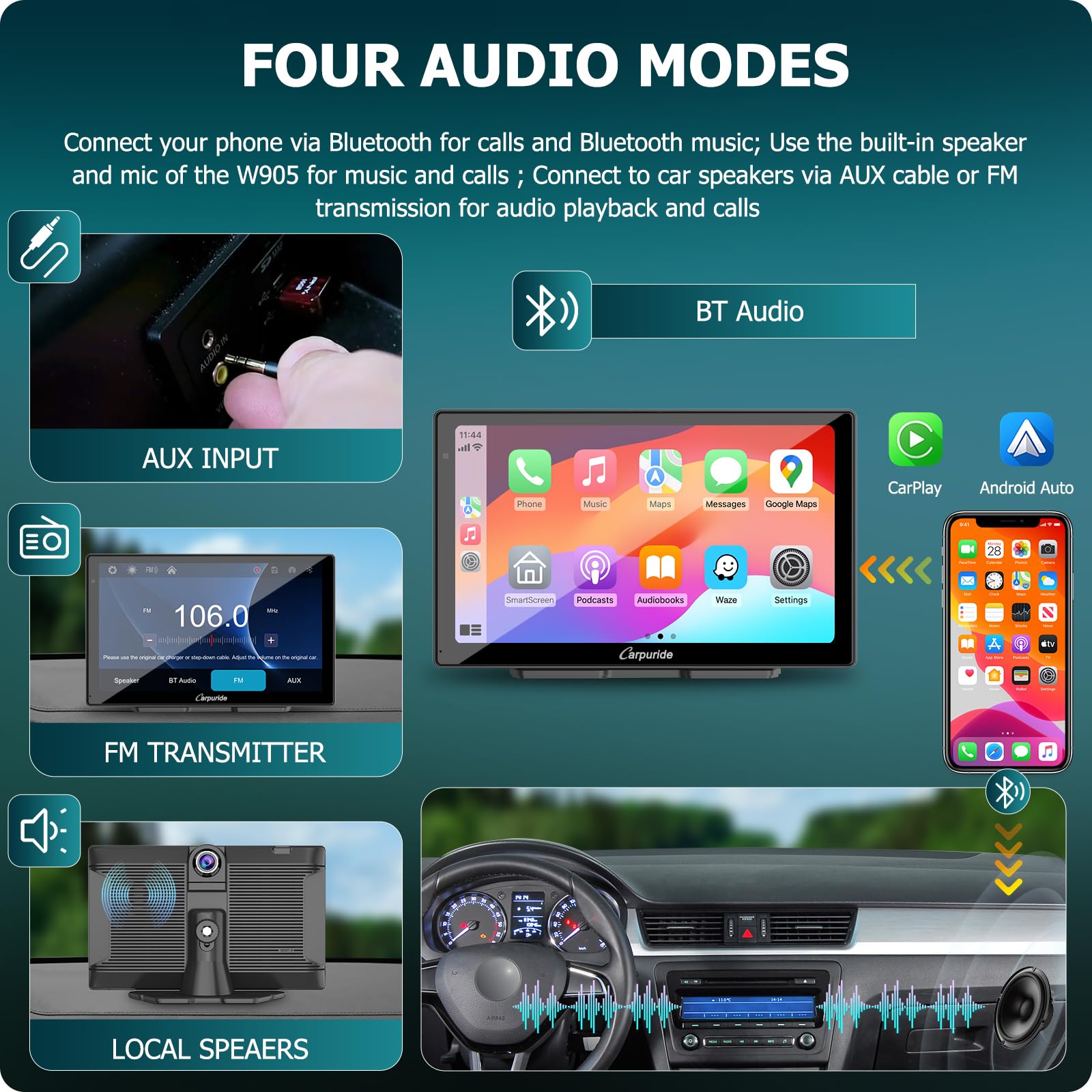 CARPURIDE W905 Apple Carplay sem fio e Android Auto, tela de toque