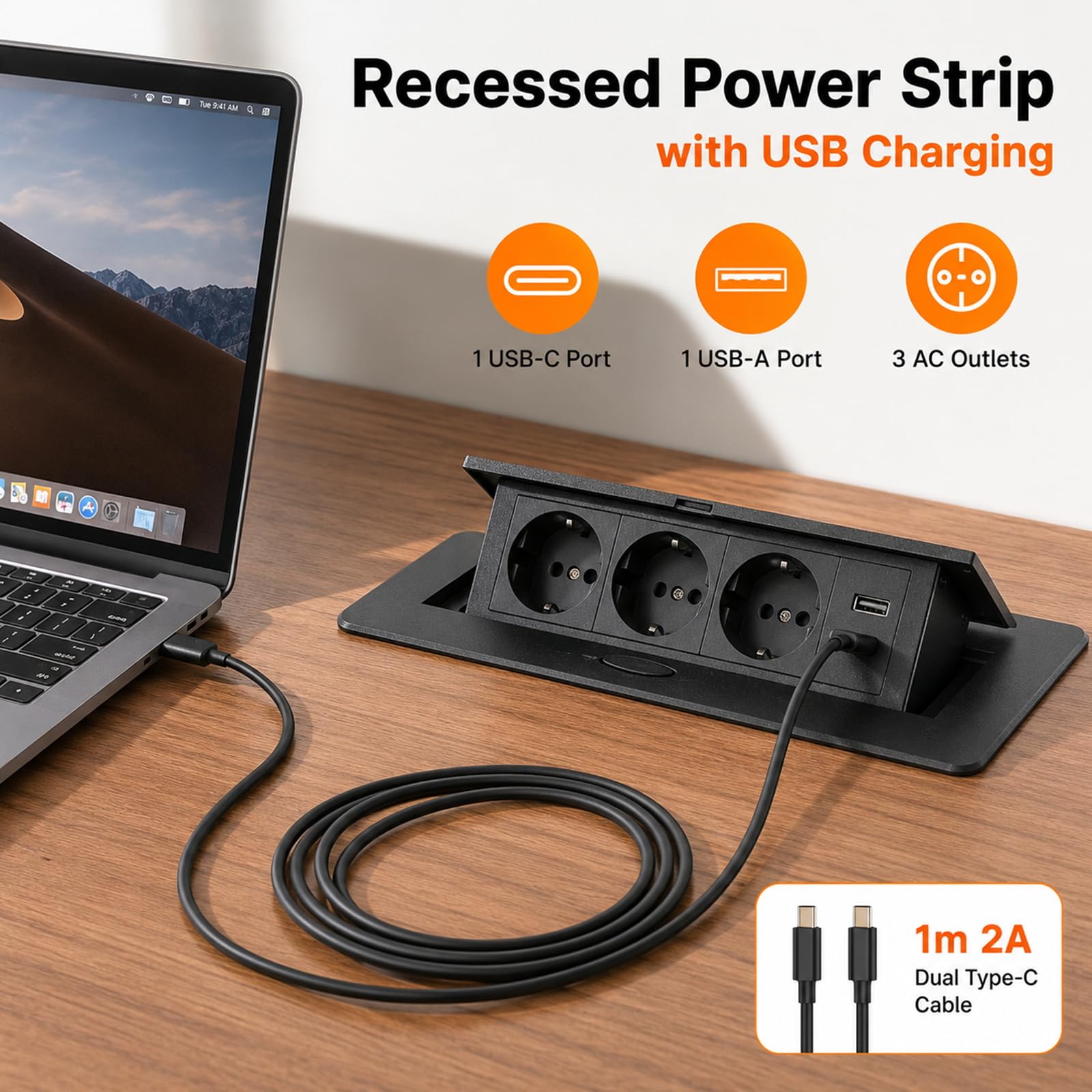 Wysuwane gniazdko, 3680 W/16 A/230 V, 3-krotna listwa zasilająca na biurko, z kablem 1,5 m i 1 m typu C, szybkie ładowanie USB, gniazdko stołowe, oszczędność miejsca, do biura (czarna)