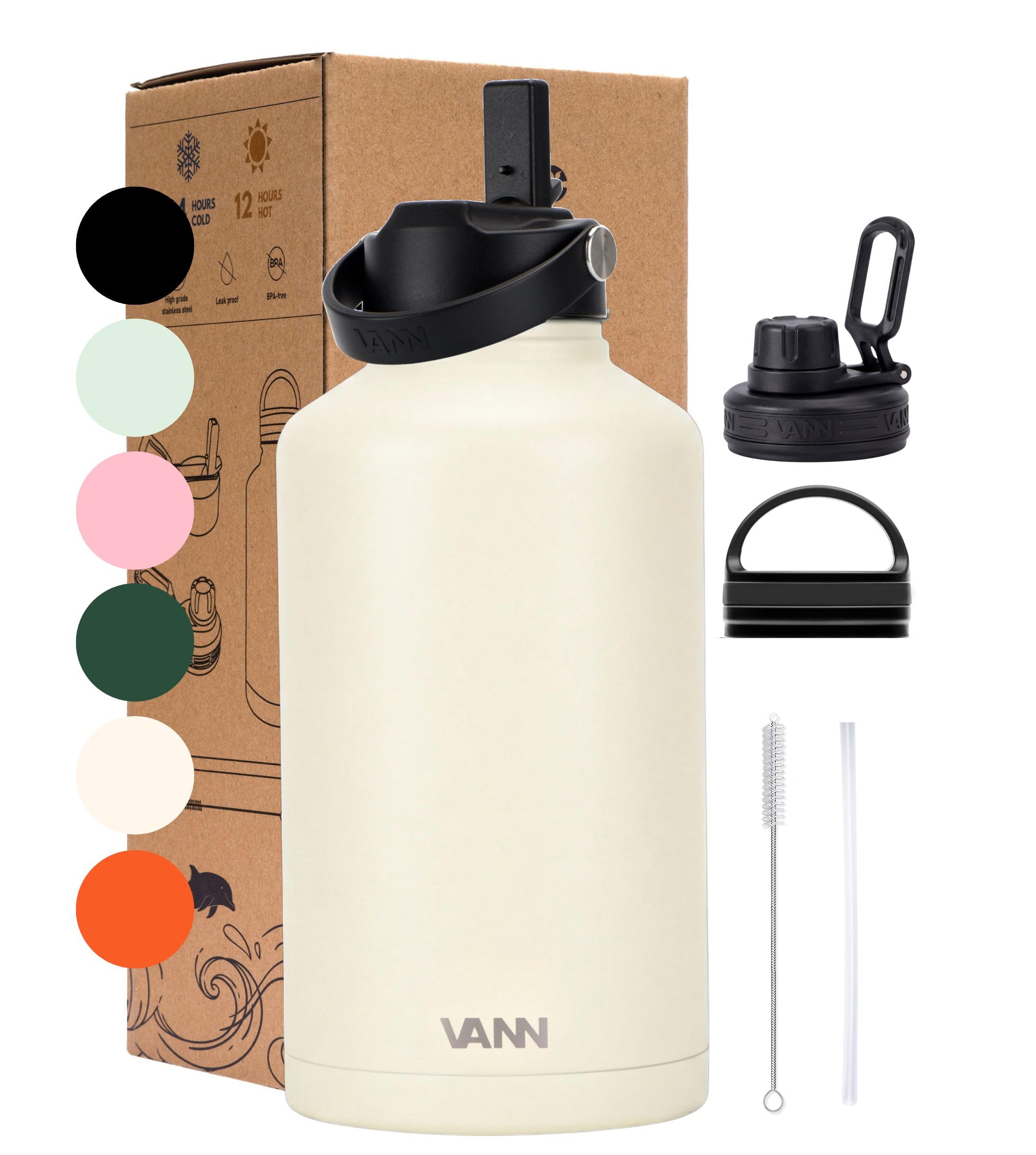 VANN Trinkflasche 2L mit Strohhalm - Thermosflasche isoliert [24h kalt, 12h warm] - Trinkflasche Edelstahl ideal als Wasserflasche [Sport, Fitnessstudio] BPA-Frei inkl. 5 Zubehörteile - Beige