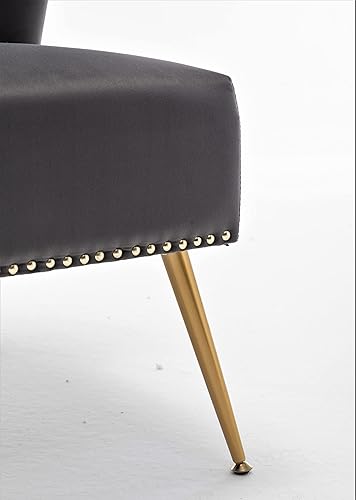 Miniatura 3 de Thia Silla decorativa de terciopelo sin brazos para sala de estar, asiento elegante con ribete de cabeza de clavo, patas de metal dorado y cómodo