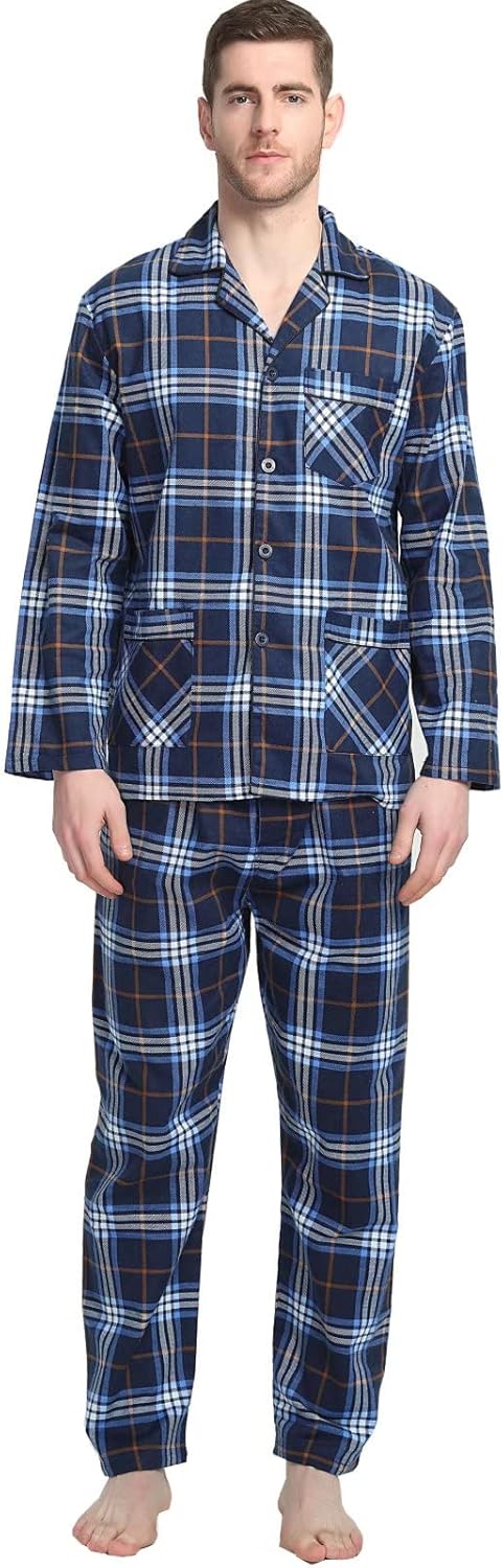 GLOBAL Men's 100% Cotton Flannel Pajamas Set Soft Warm 2pc Pjs For Men Button Fly&Elastic High Waist Loungewear Sleepwear