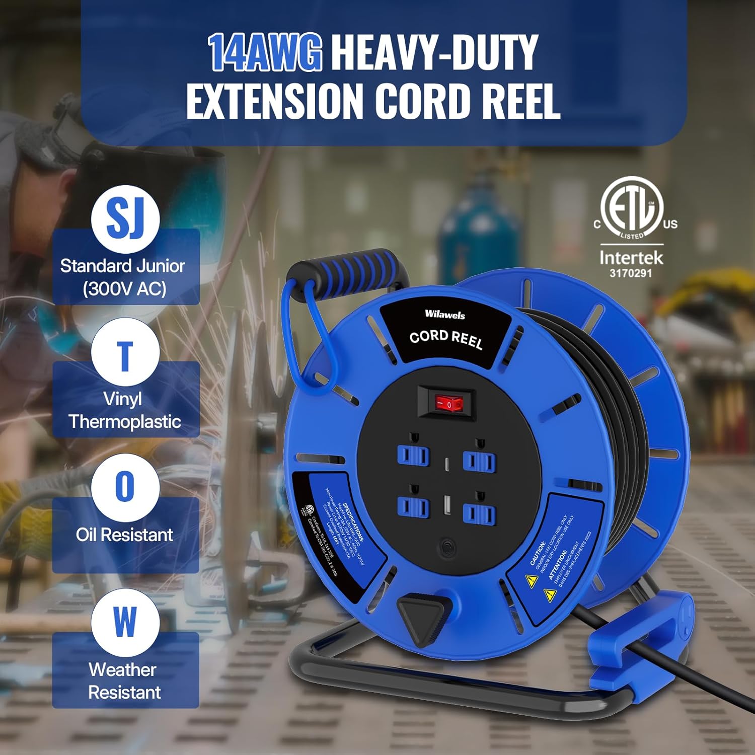 60 FT Retractable Extension Cord Reel and Extension Cord Storage Reel with 4-Grounded Outlet & 2 USB Port Bundle, for Indoor Outdoor Use U60ACR06-R85CR06