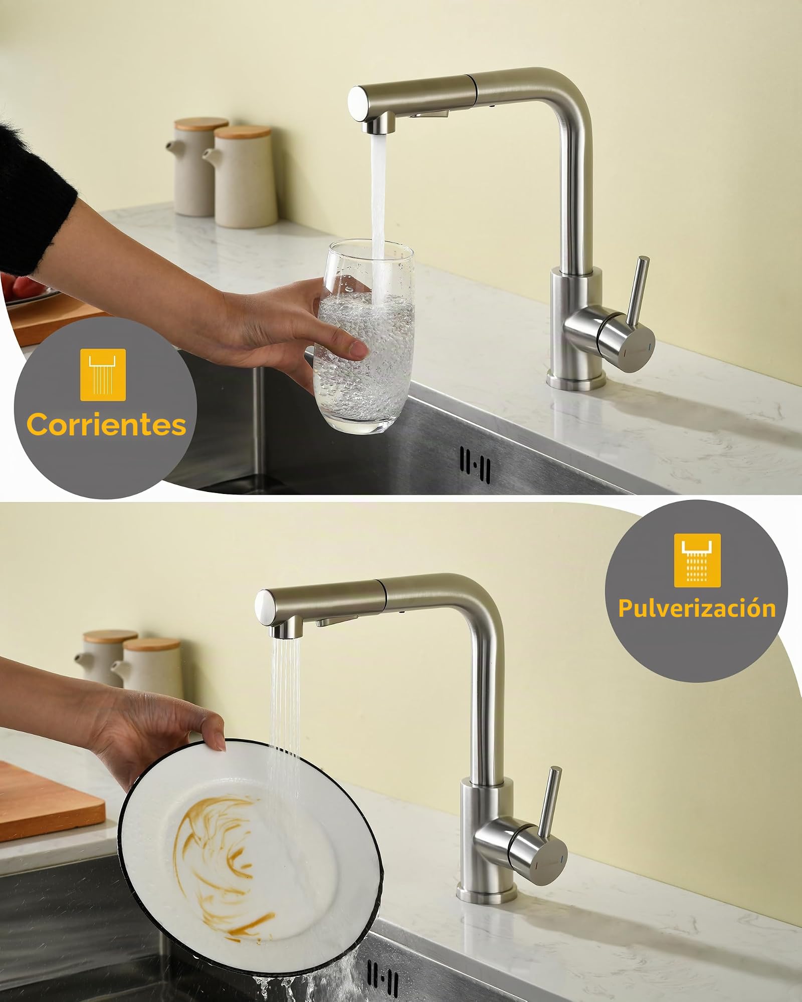 Grifo de cocina Baollansa, grifo extractable con alta presión, grifo de fregadero de cocina con ducha, 2 tipos de chorro de agua, grifo de cocina de acero inoxidable, giratorio 360° (cepillado)