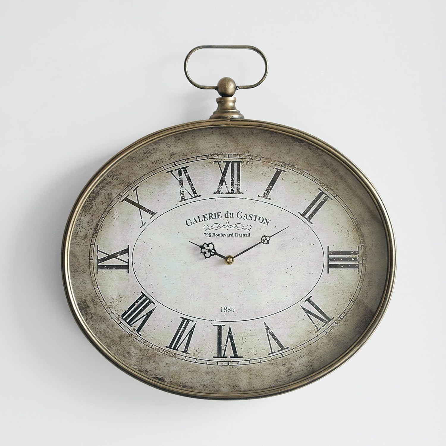 Large Vintage Wall Clock - 20 inch, Distressed Gold, Oval Pocket Watch Design, Roman Numerals, Battery Operated, Antique Decorative Wall Clock for Living Room, Entryway, Kitchen, Bedroom