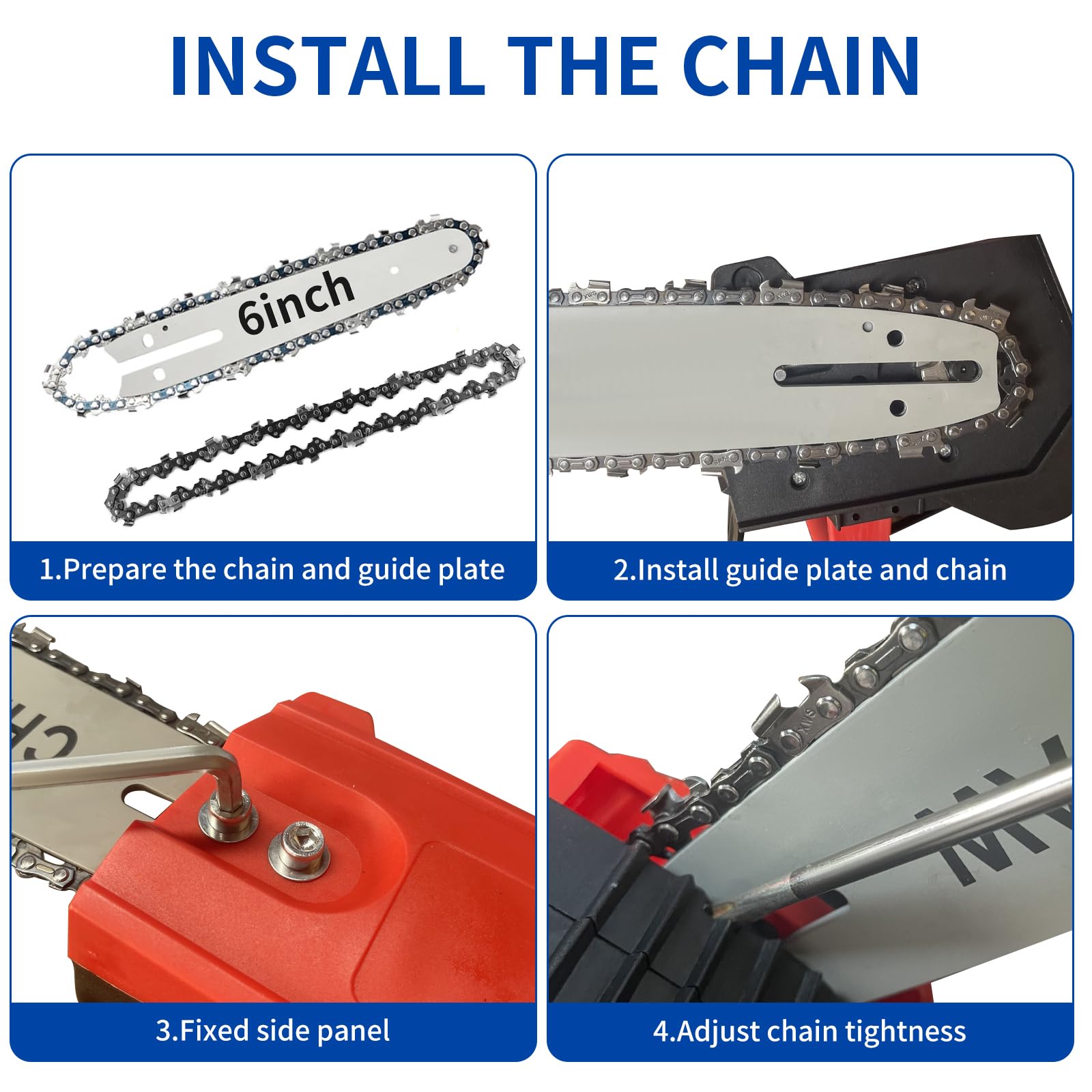 Cadena de motosierra de 6 pulgadas y barra guía, barra de motosierra de repuesto y cadenas para mini motosierra eléctrica portátil inalámbrica de 6 pulgadas para corte de madera (4 cadenas + barra