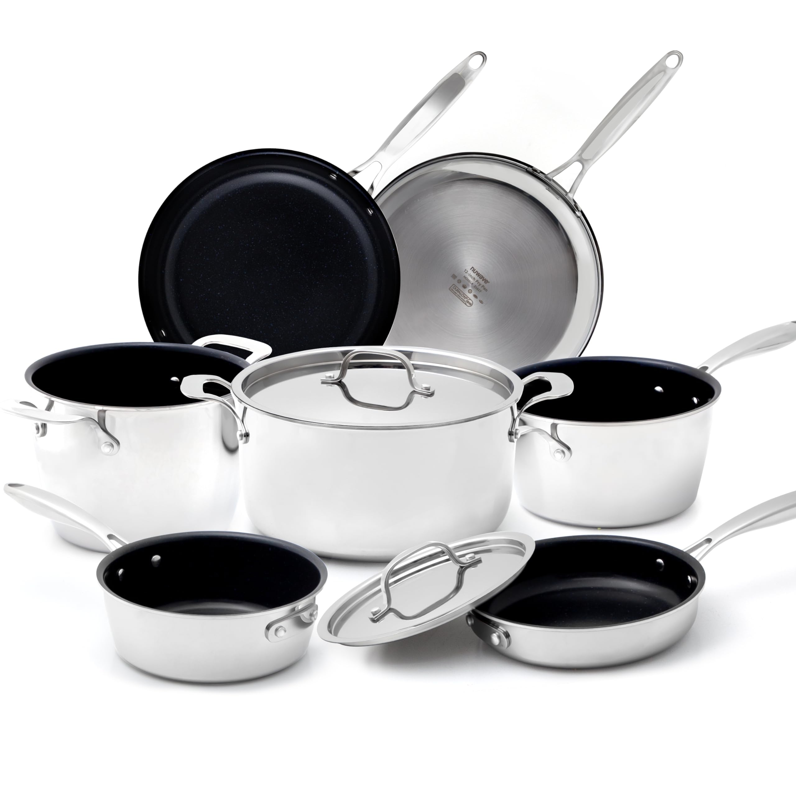 Nuwave 9pc Stainless Steel Pro-Smart Cookware Set, Tri-Ply Heavy-Duty Construction, Ergonomic Stay-Cool Handles, Duralon Blue Healthy Non-Stick Ceramic Coating, Induction-Ready & Works on All Cooktops, Duralon and Stainless Steel