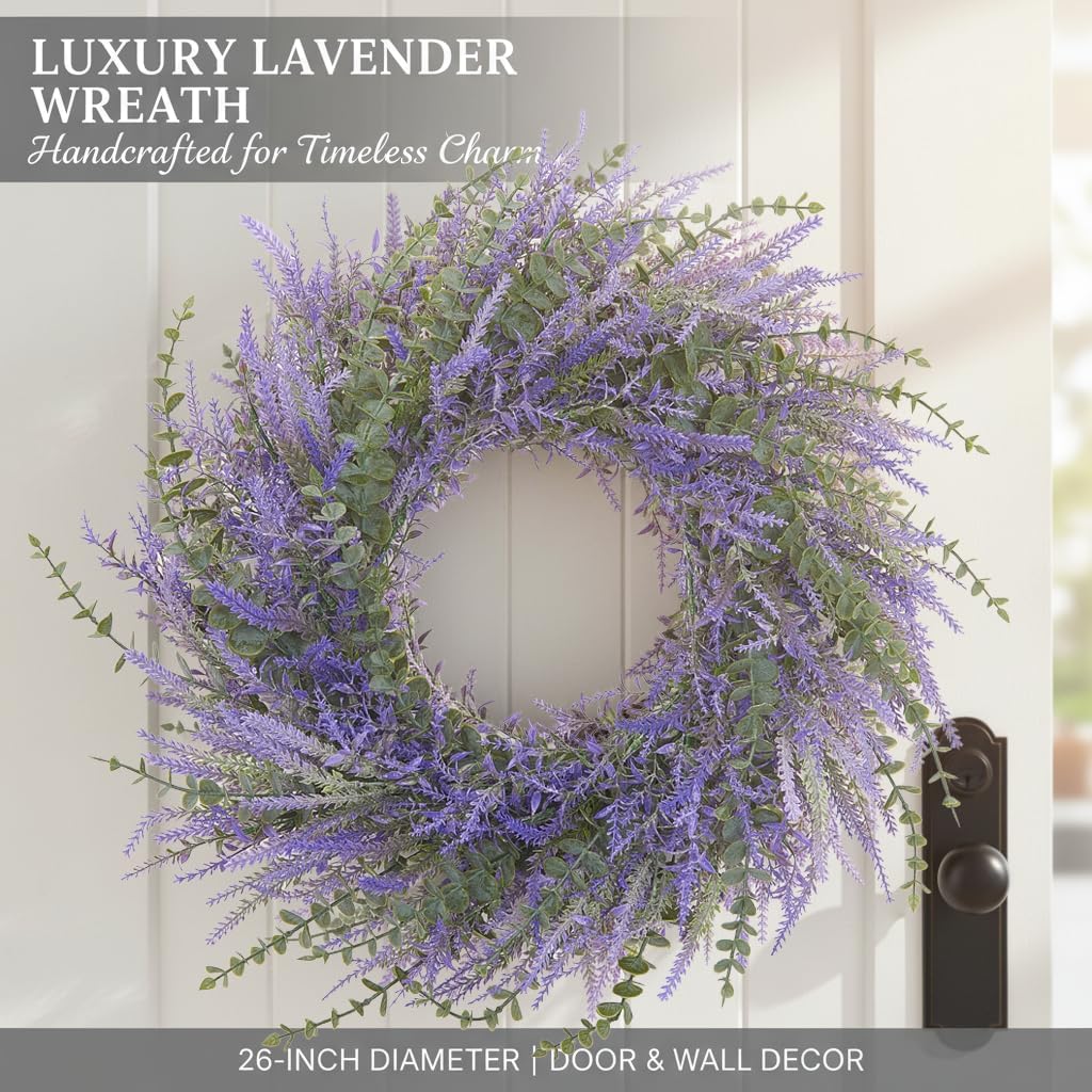 Nihaoya 26 Inch Large Lavender & Eucalyptus Wreath for Front Door - Spring Summer All Seasons Outdoor Wreath, Artificial Greenery Eucalyptus Leaves for Farmhouse Home Porch Window Decor (Purple)