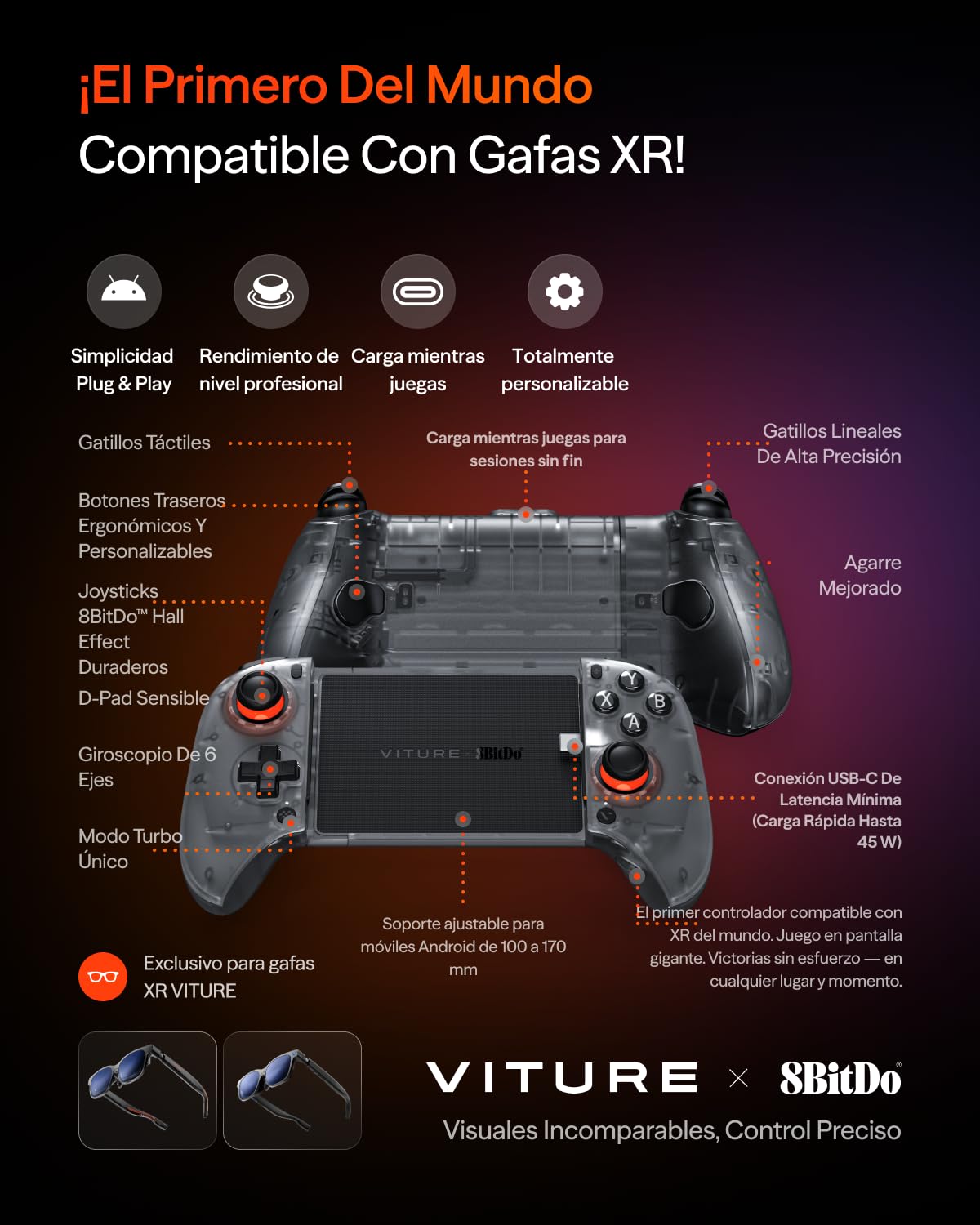 VITURE x 8BitDo Ultimate Mobile Gaming Controller - El Primero Del Mundo para Gafas XR | USB-C Latencia Mínima, Sticks de Efecto Hall, Carga Mientras Juegas, Rendimiento Profesional para Android
