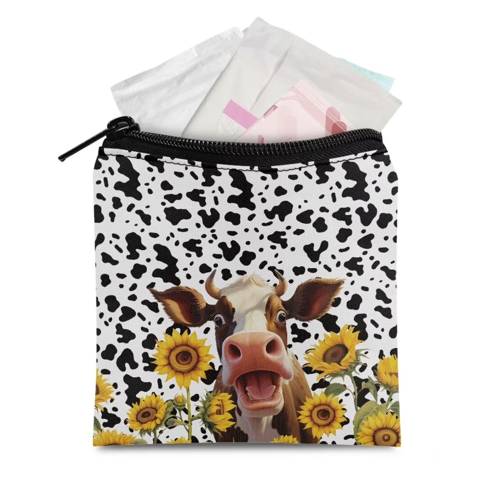 HUGS IDEA Period Bag Cute Cow Sunflower Sanitary Pad Storage Bag Samll Period Pouch for Purse Period Bag