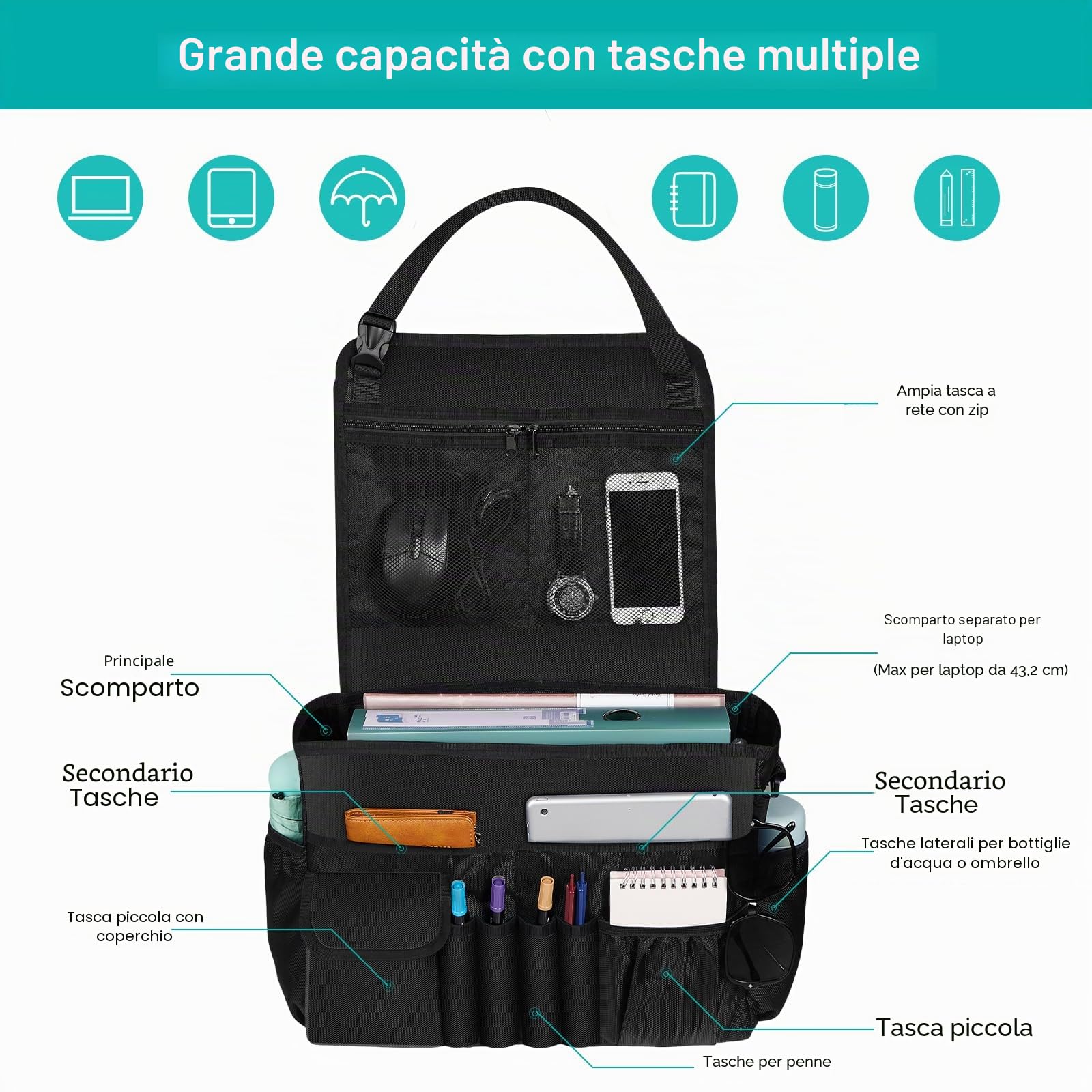 Eurhomewit Organizer per Sedile Auto, Multiuso Borsa Portaoggetti per Sedile Auto con Compartimento per Laptop, Portatile Messenger Bag, Portadocumenti, Nero