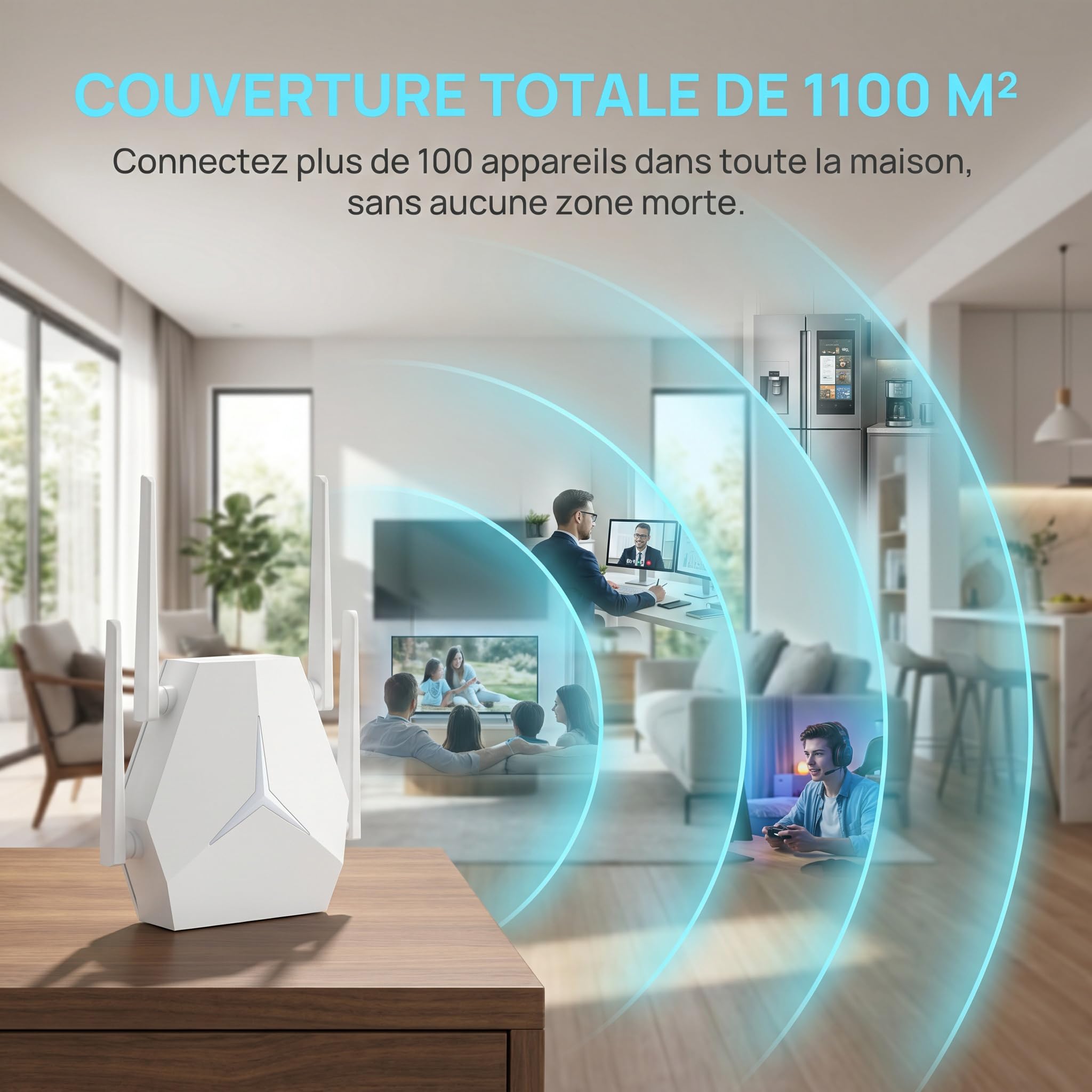 repetiteur wifi puissant, Dual Band 1200Mbps AC1200, 1115㎡ Range, Supports 100+ Devices, 4-Antenna WiFi Repeater with Ethernet Port