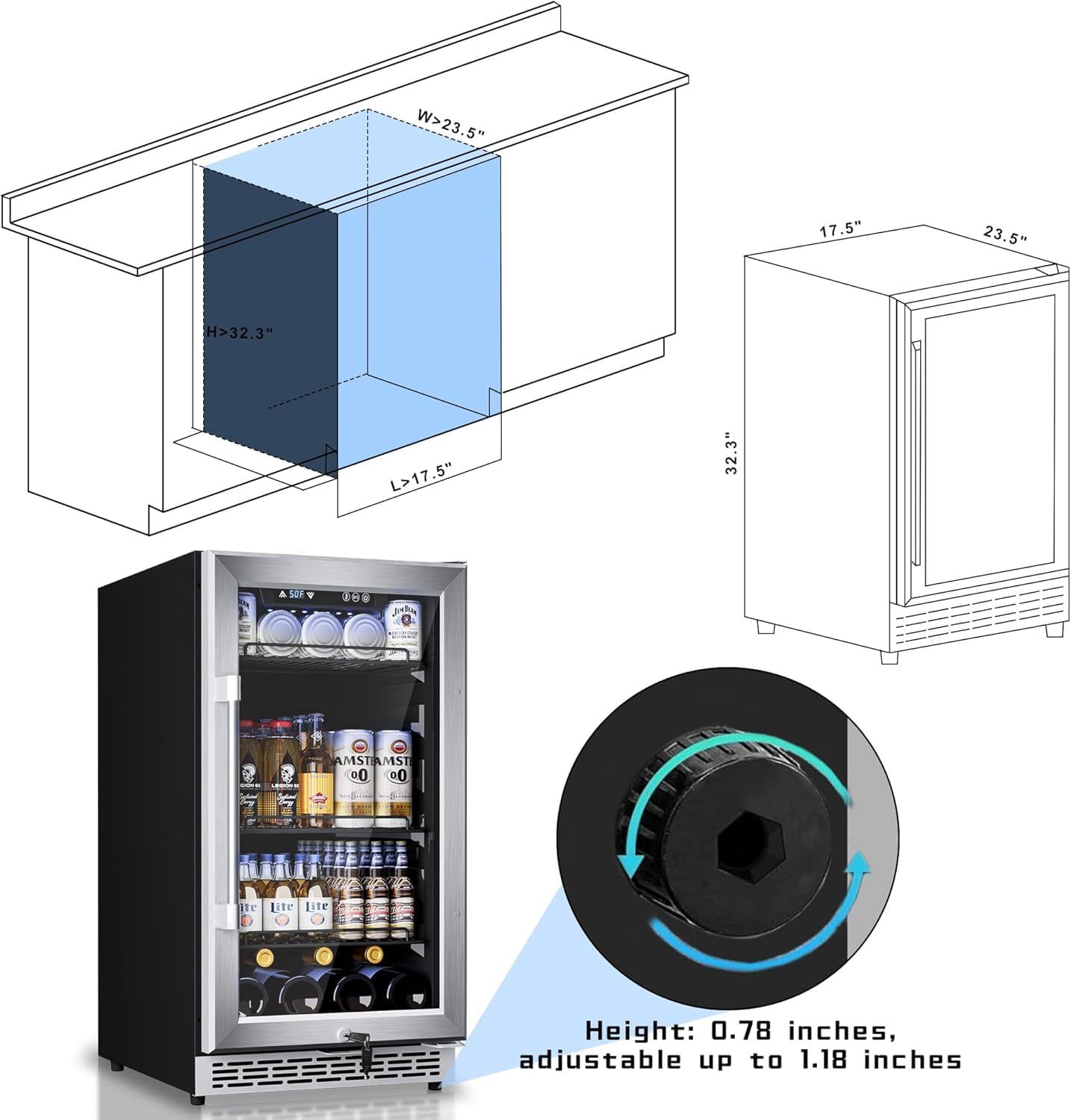 18-inch under-counter beverage refrigerator – 140-Can & 20-Bottle Capacity, Dual-Zone Built-In Beverage Cooler with Glass Door and Quiet Advanced Cooling System