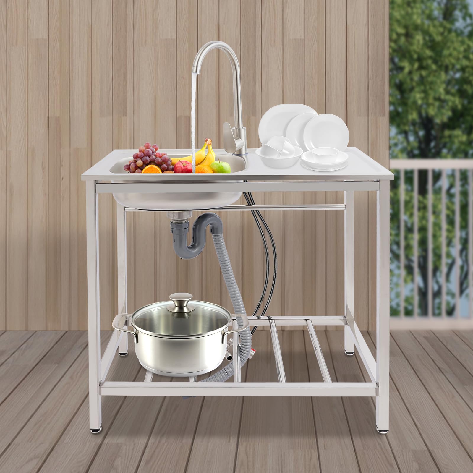 FIPINIXK Stainless Steel Kitchen Sink 30×17 * 31in Freestanding Sink with 2 Tier-Bottom Storage Racks & Faucet Commercial Sink Portable Sink for Restaurants Basements Bars Garages, Silver