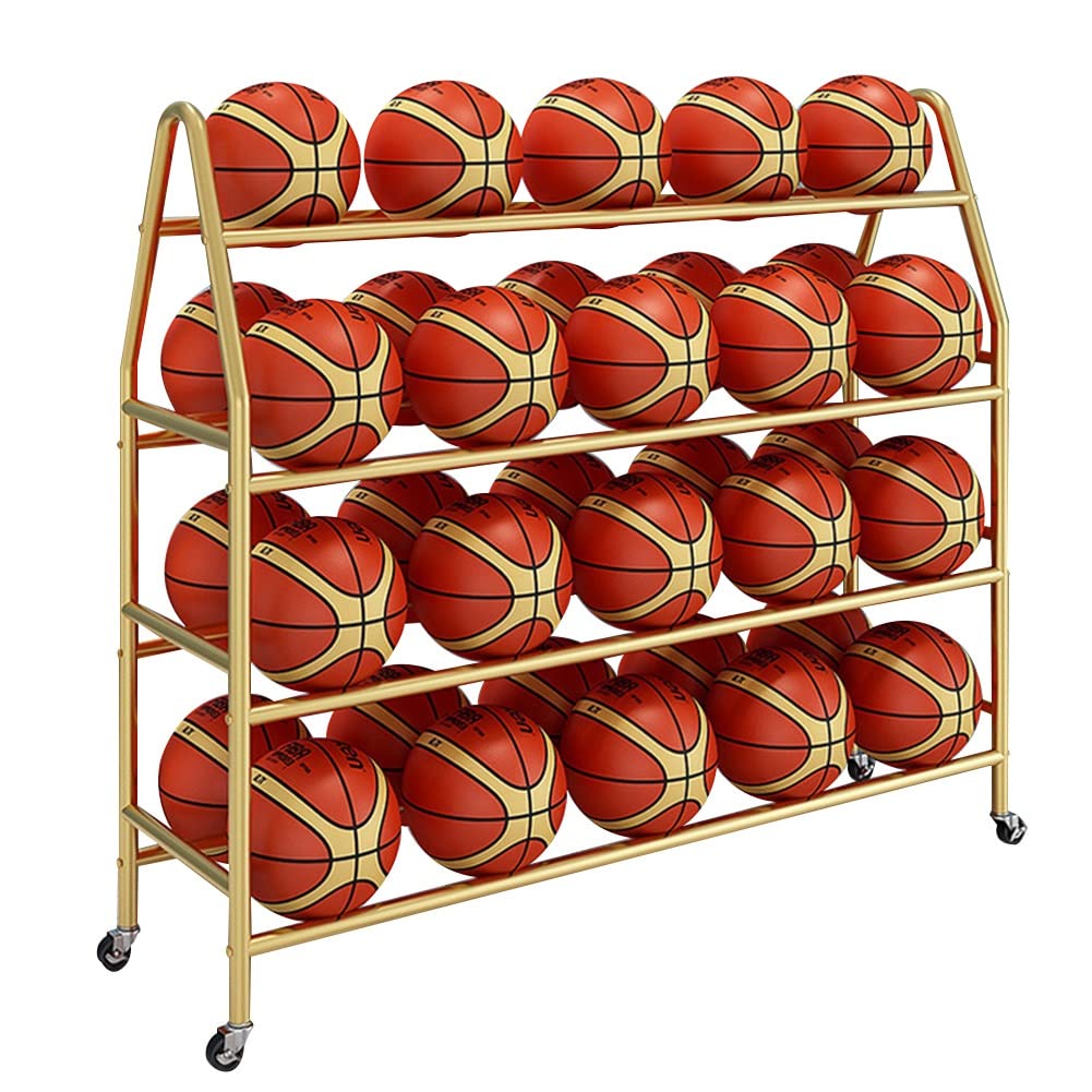Stojak na piłki wewnętrzne, stojak do przechowywania koszykówki, sprzęt sportowy z kółkami, 4-poziomowa konstrukcja na piłki, złote wykończenie (139 x 38 cm) – idealny do domu lub na siłownię