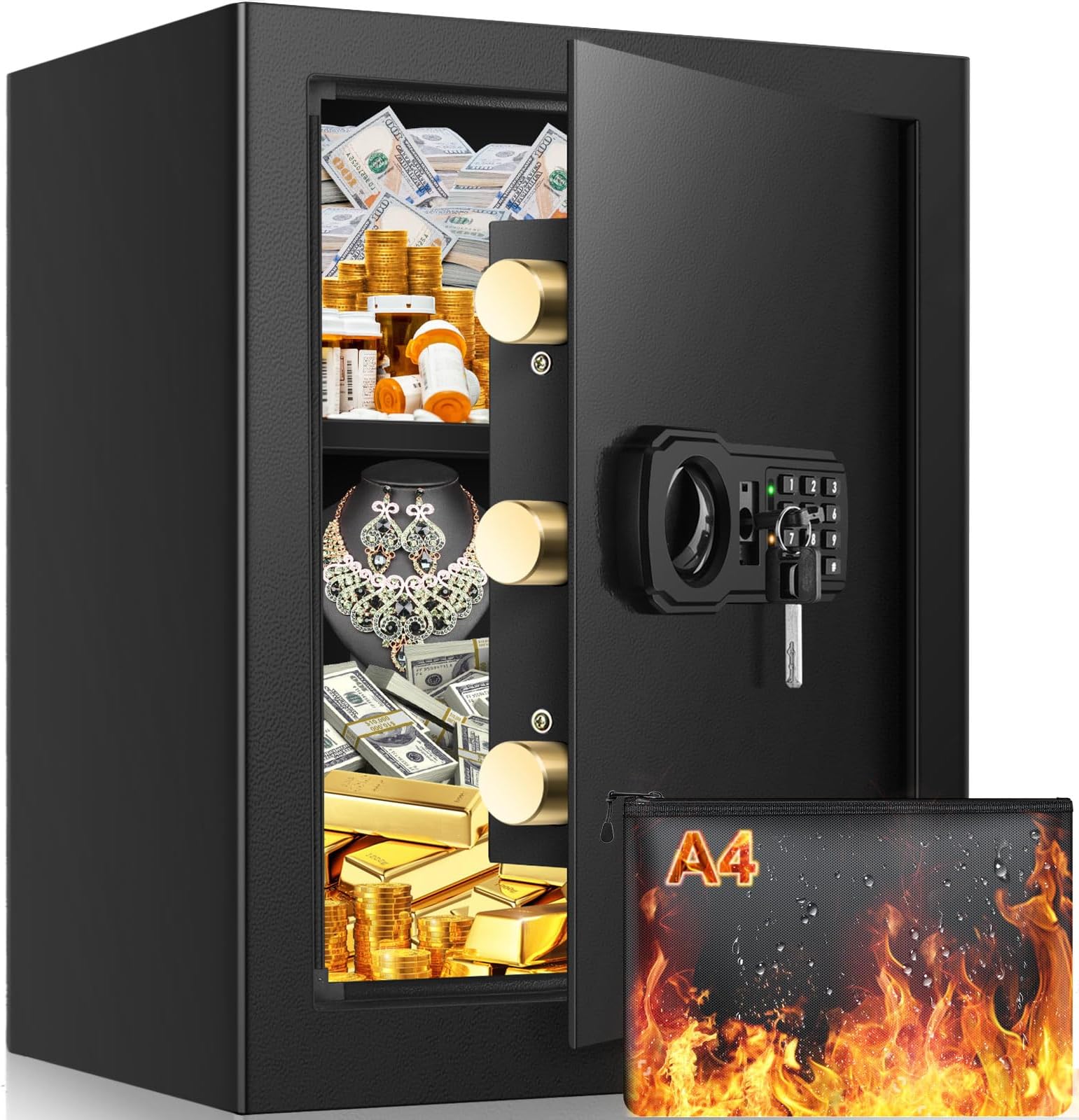 Tiskgg 2.2 Cubic Large Fireproof Safe Box with Fireproof Document Bag, Personal Security Home Safe with Removable Shelf, Anti-Theft Lock Box for Documents Money Jewelry Valuables