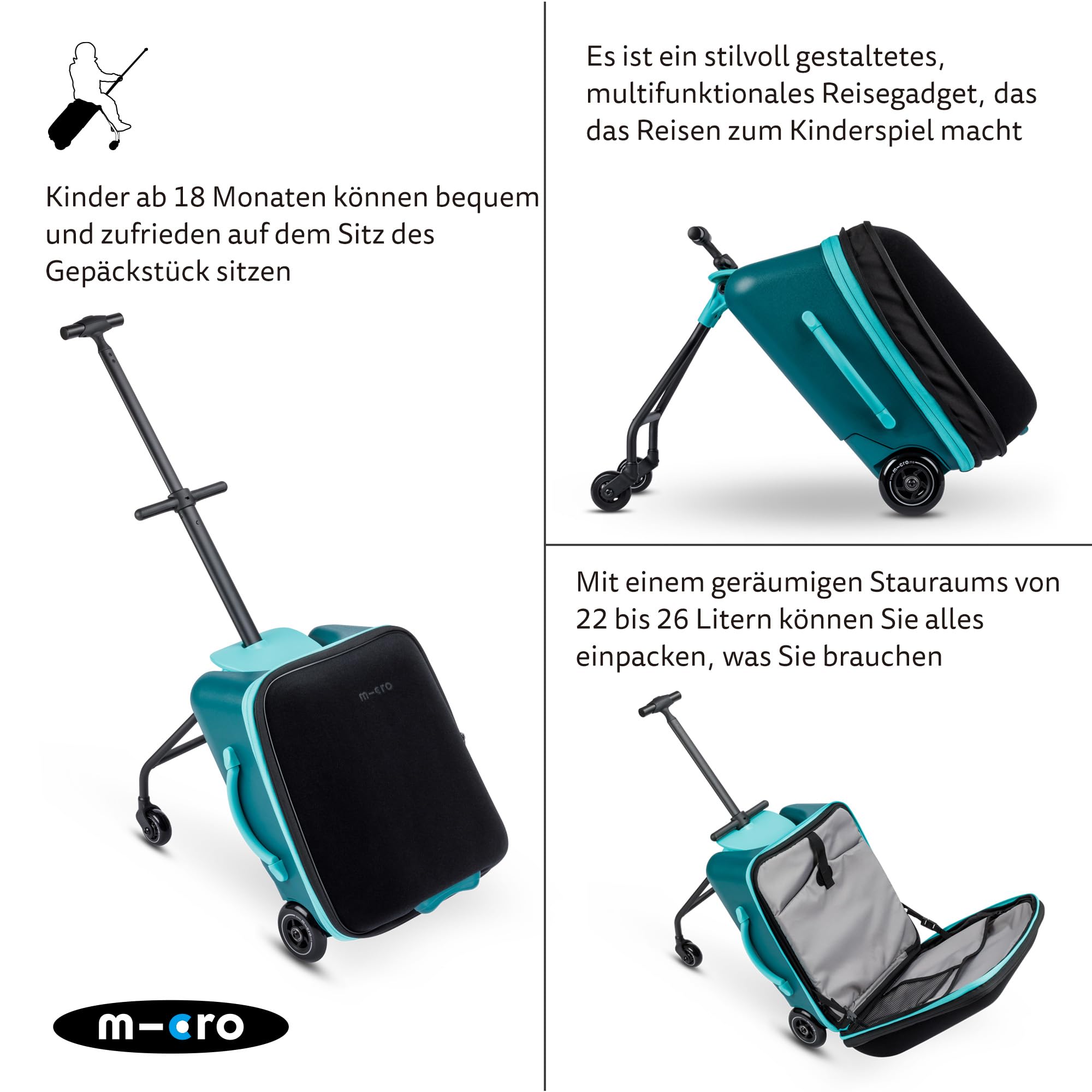Micro™ Ride on Luggage Eazy Weekender | Das ORIGINAL | Reisetrolley mit Rollen | Höhenverstellbar & klappbar | Einkaufstrolley und Handgepäck IATA konform | Koffer & Trolley in einem