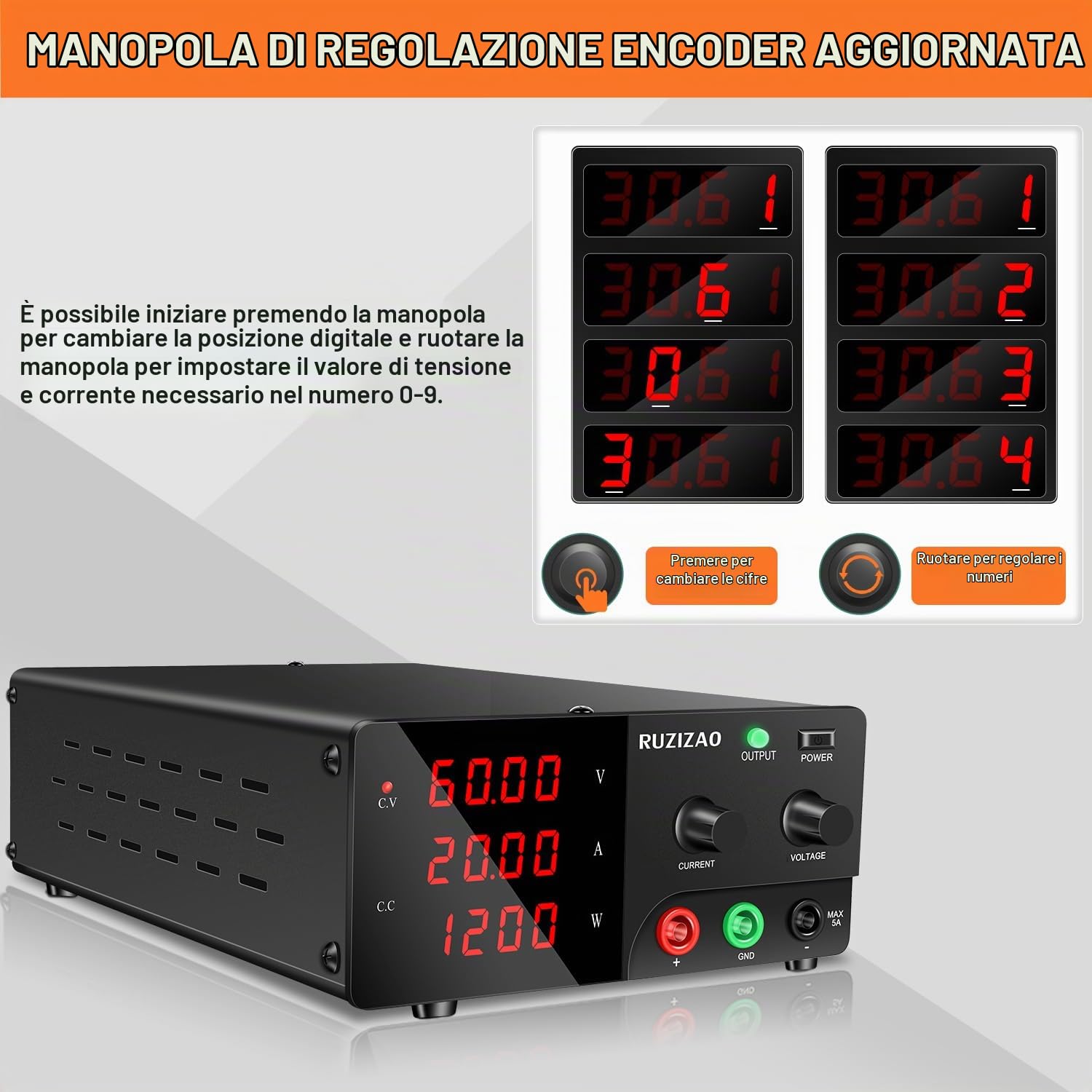 Alimentatore da Banco 60V 20A 1200W Alta Potenza Alimentatore da Laboratorio Regolabile con OUTPUT/Encoder Alimentatori Stabilizzato per Laboratorio/Automazione/Test delle Batterie/Elettronica