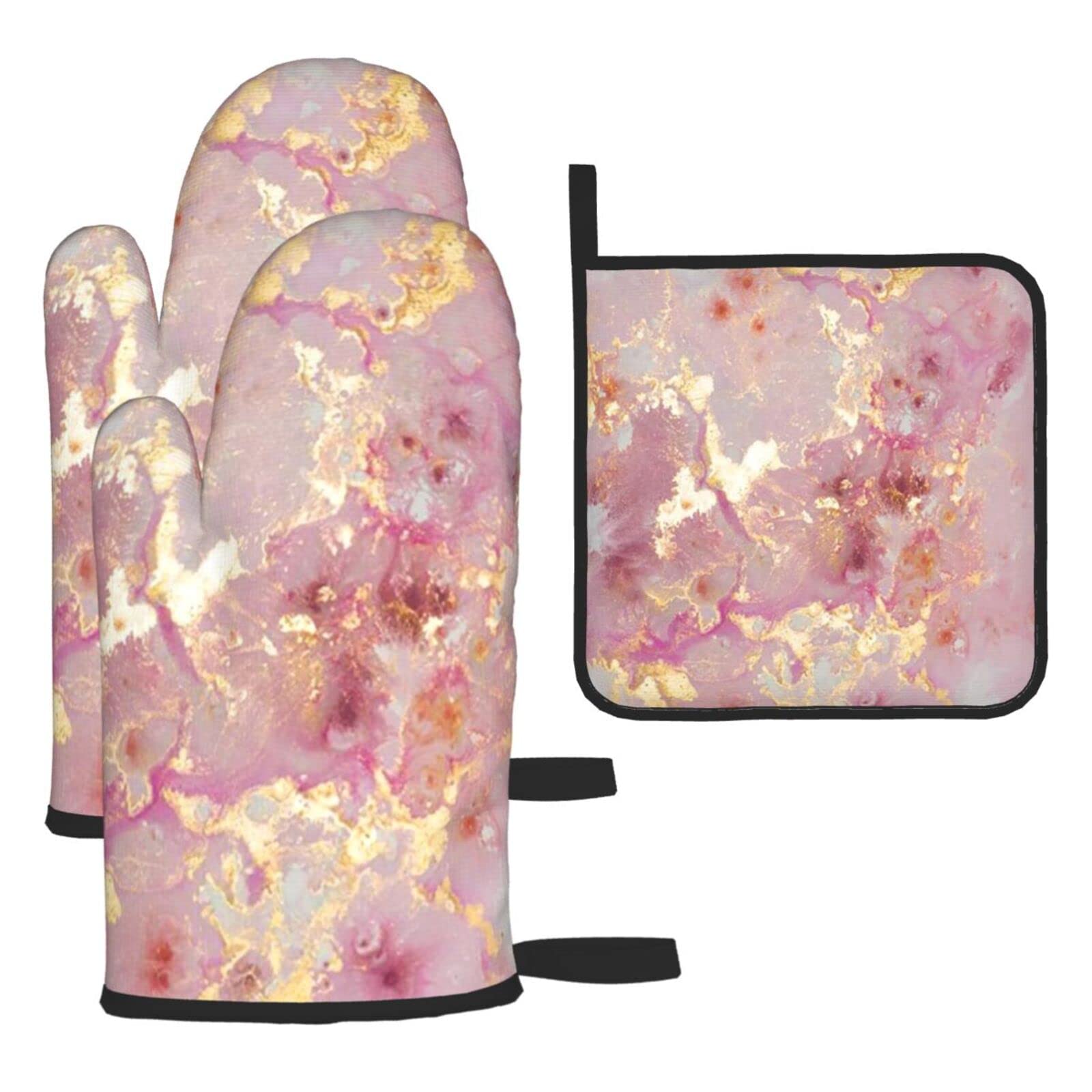 Pink Marble Texture Printed Kitchen Baking Three-Piece Heat-Resistant Thick Cotton Oven Gloves for Cooking and Baking.