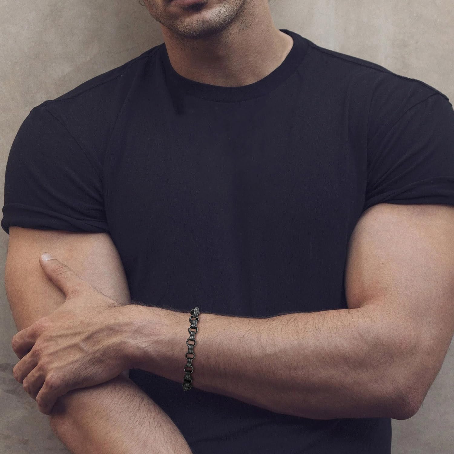 HZMAN 8.5In Circular Link Bracelet for Men, 8mm Width, Retro Stainless Steel Wrist Bracelets - Image 3